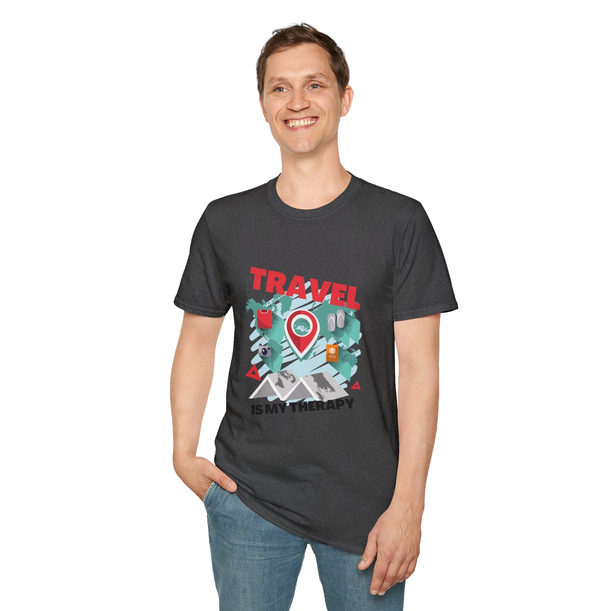 Travel Is My Therapy T-Shirt — Wanderlust Map Tee for Travelers & Adventure Lovers
