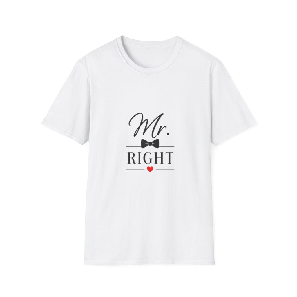 Mr. Right T‑Shirt — Groom/Bride Gift Tee with Bow Tie Design