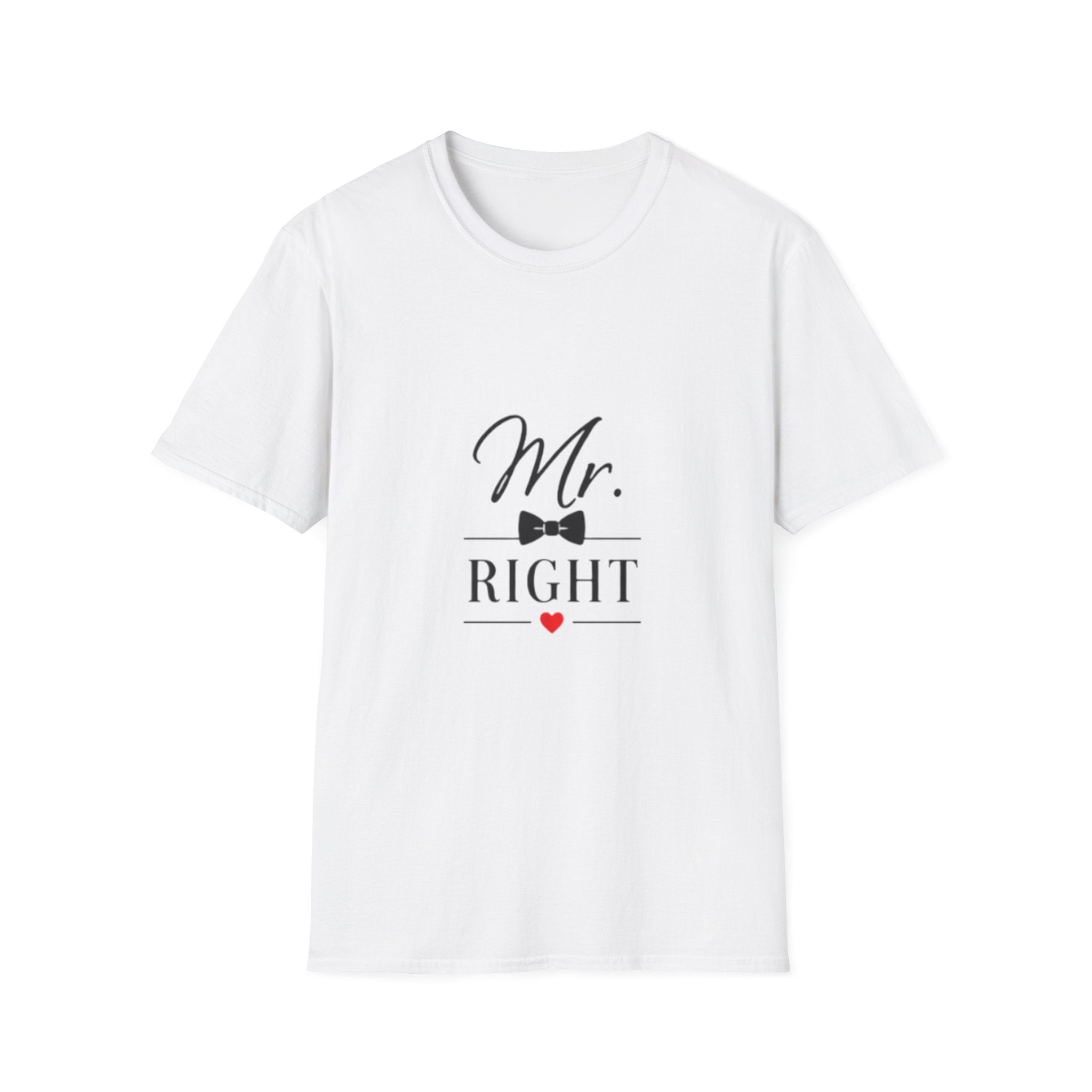 Mr. Right T‑Shirt — Groom/Bride Gift Tee with Bow Tie Design