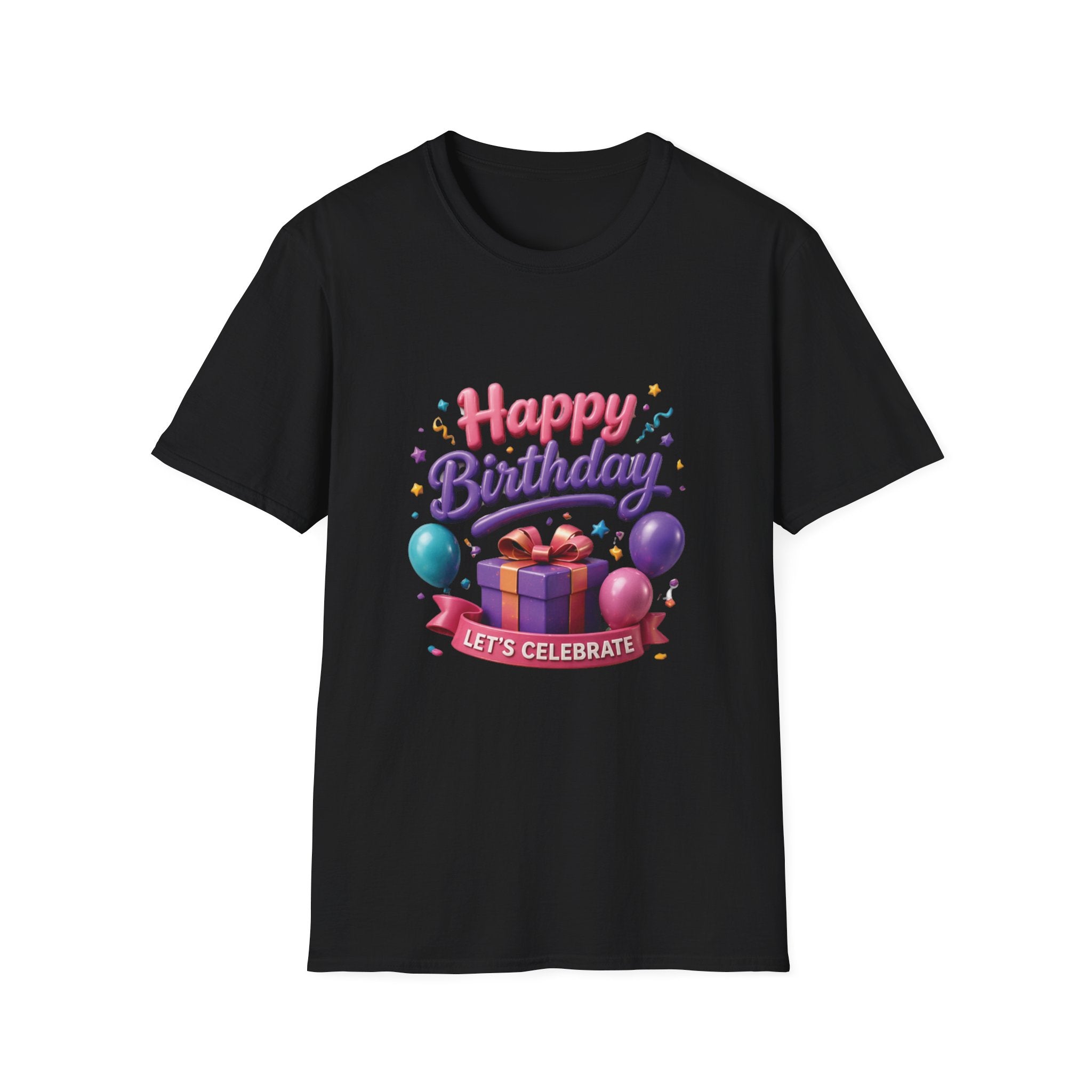 Birthday T-Shirt — "Happy Birthday" Gift Tee with Balloons & Present