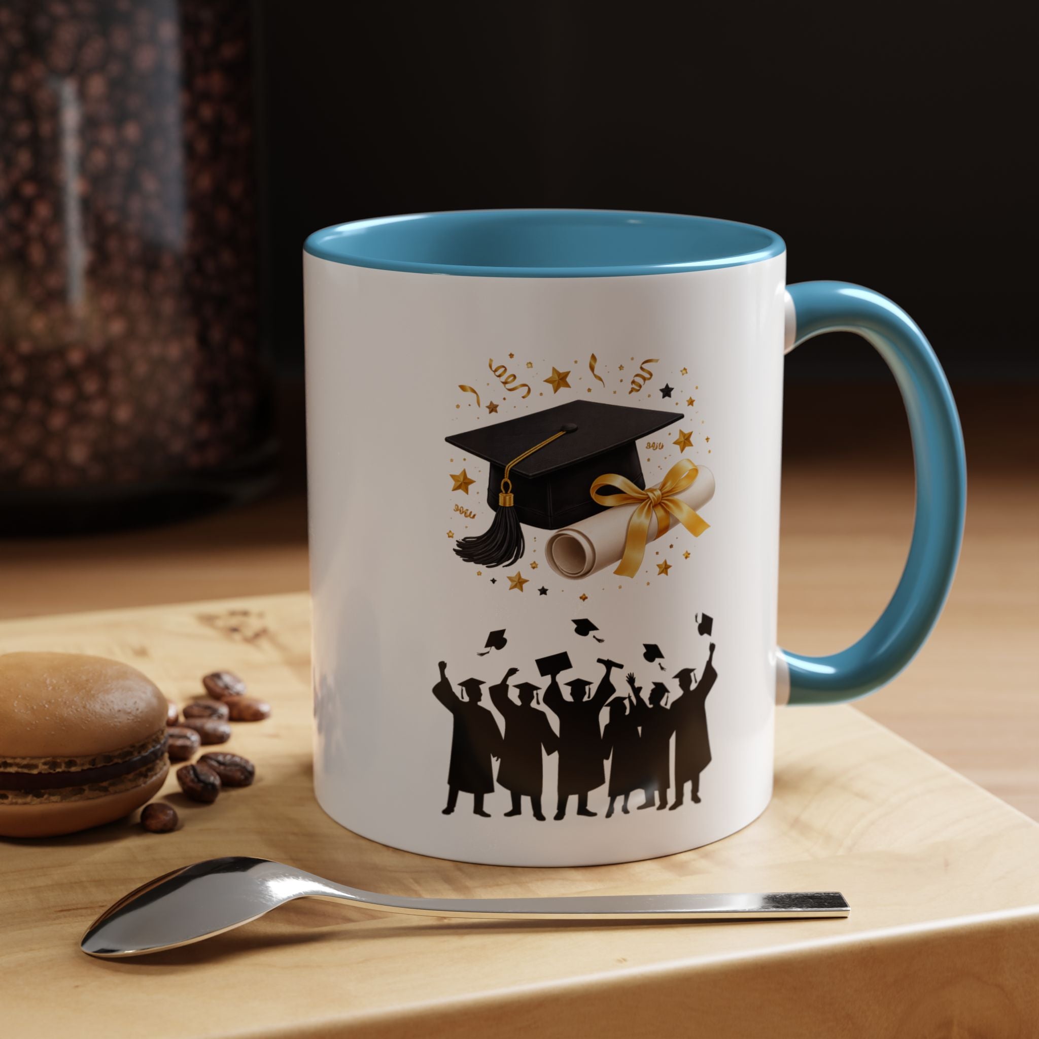 Graduation Celebration Coffee Mug — Cap, Diploma & Tossed Caps Design