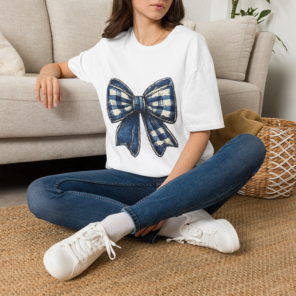 Bow Graphic T-Shirt — Blue Plaid Bow Design