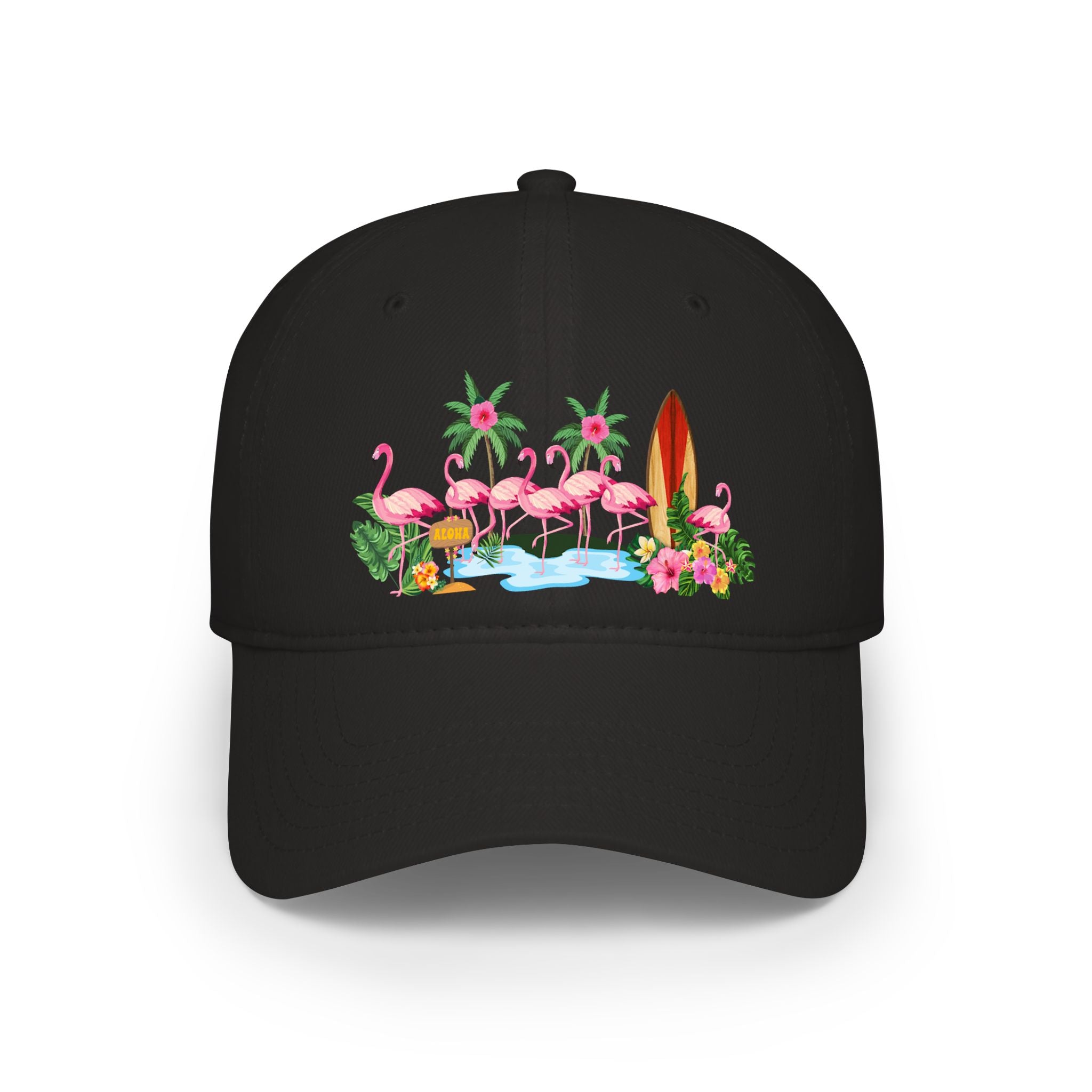 Tropical Flamingo Baseball Cap — Pink Flamingos, Surfboards & Hibiscus Hat