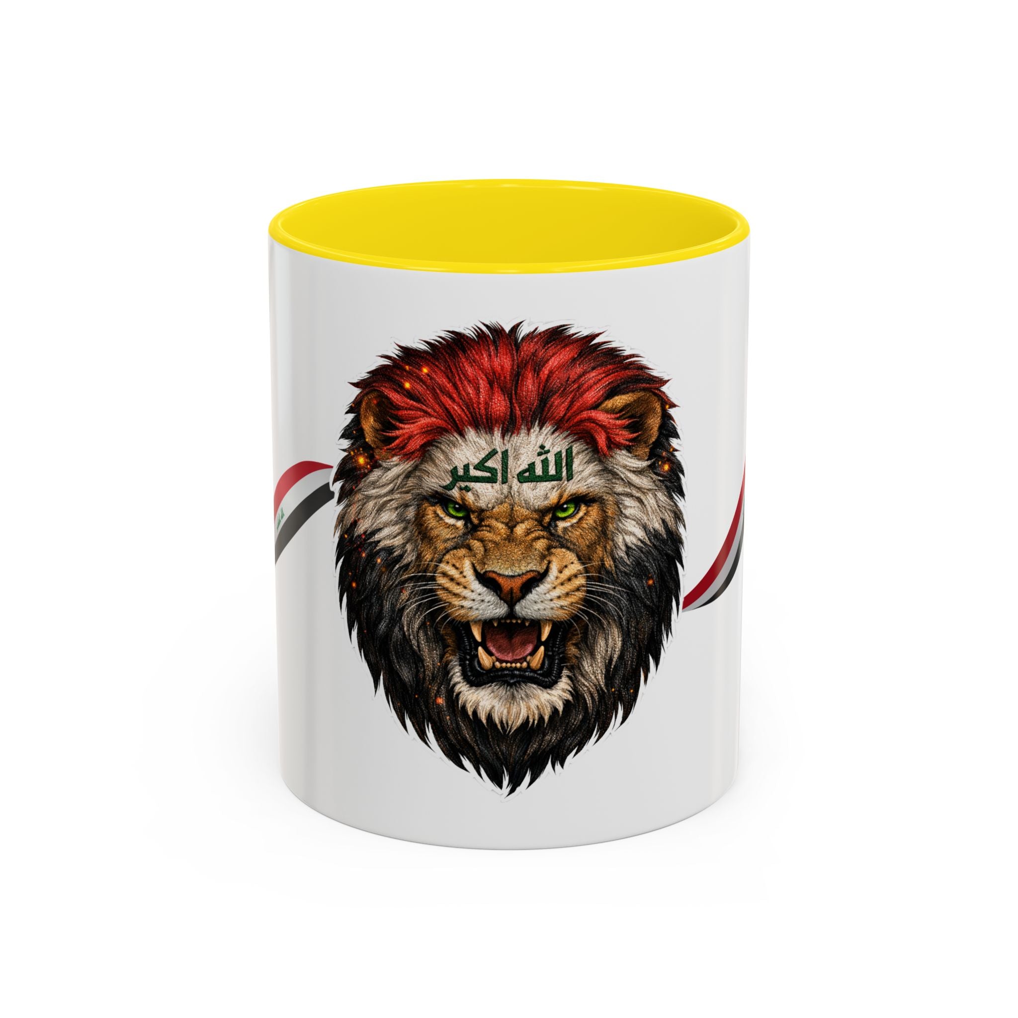 Iraq Lion Head Accent Coffee Mug with Arabic Script and Flag Ribbon – Patriotic Iraq Gift (11/15oz)