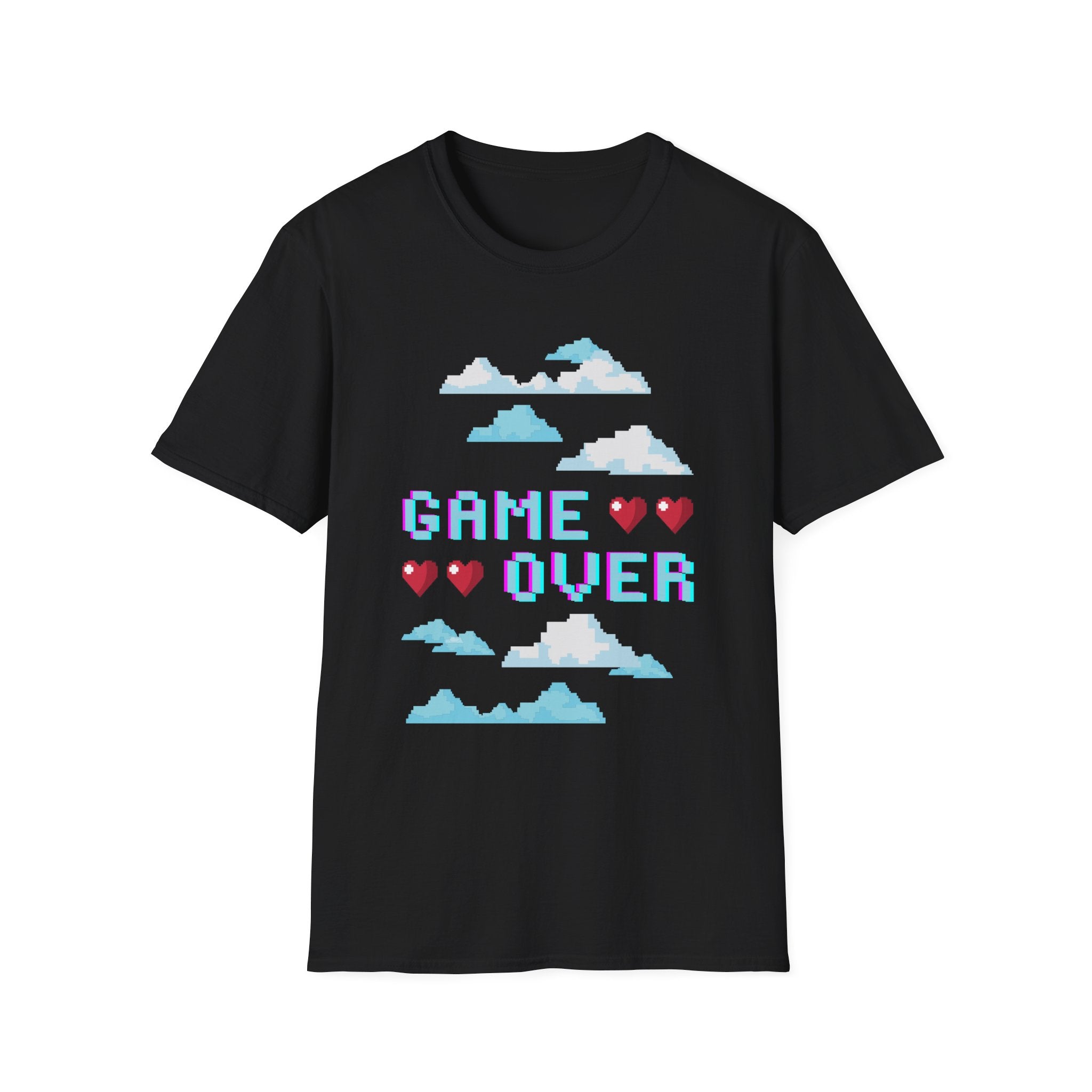 Game Over Pixel Clouds T-Shirt — Retro Gamer Tee with Hearts