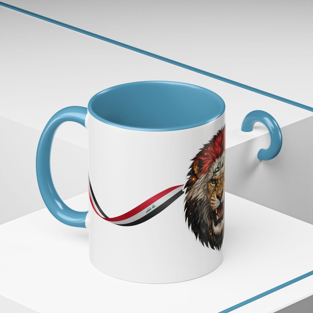 Iraq Lion Head Accent Coffee Mug with Arabic Script and Flag Ribbon – Patriotic Iraq Gift (11/15oz)
