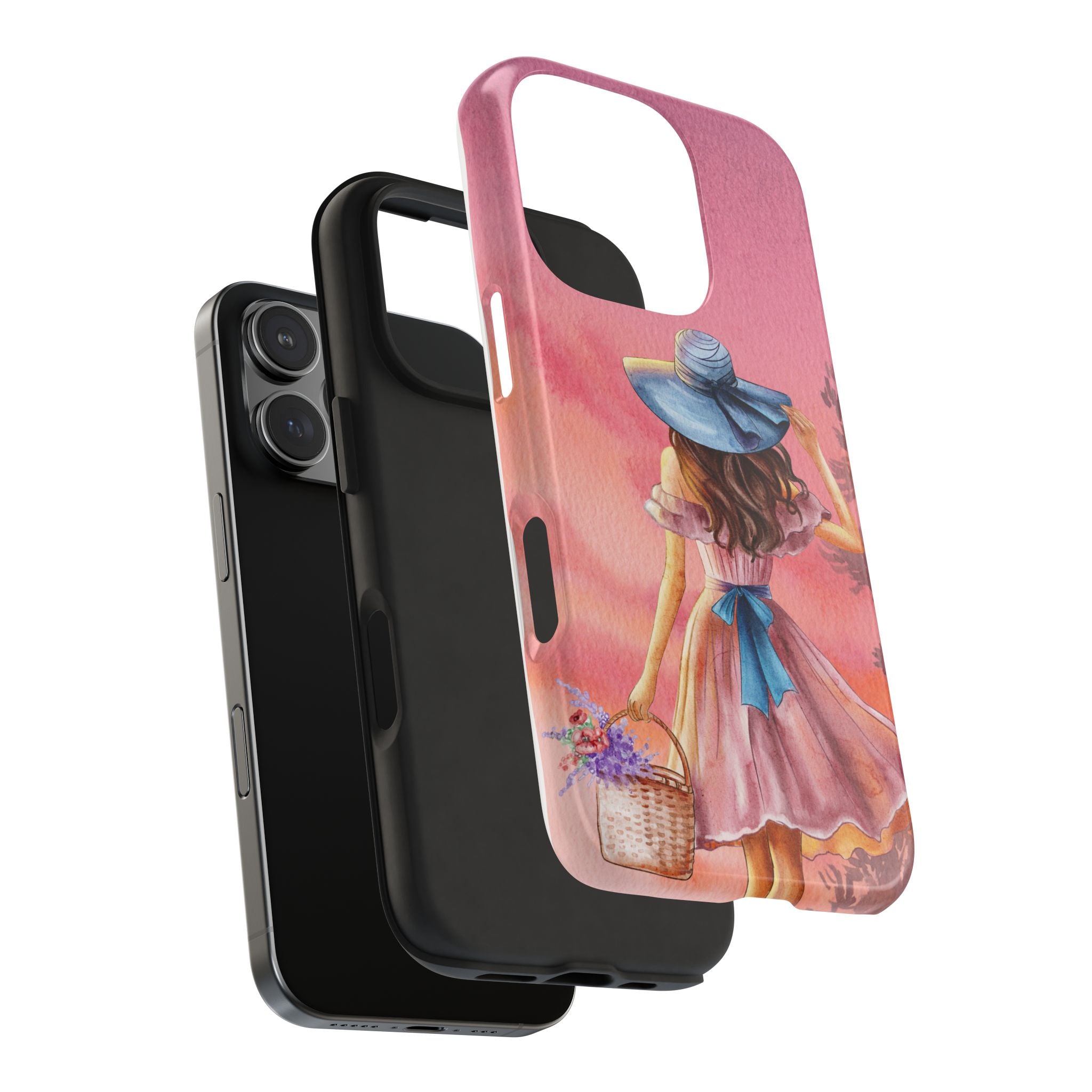 Pastel Picnic Girl Phone Case — Protective Tough Phone Case with Watercolor Sunset Design
