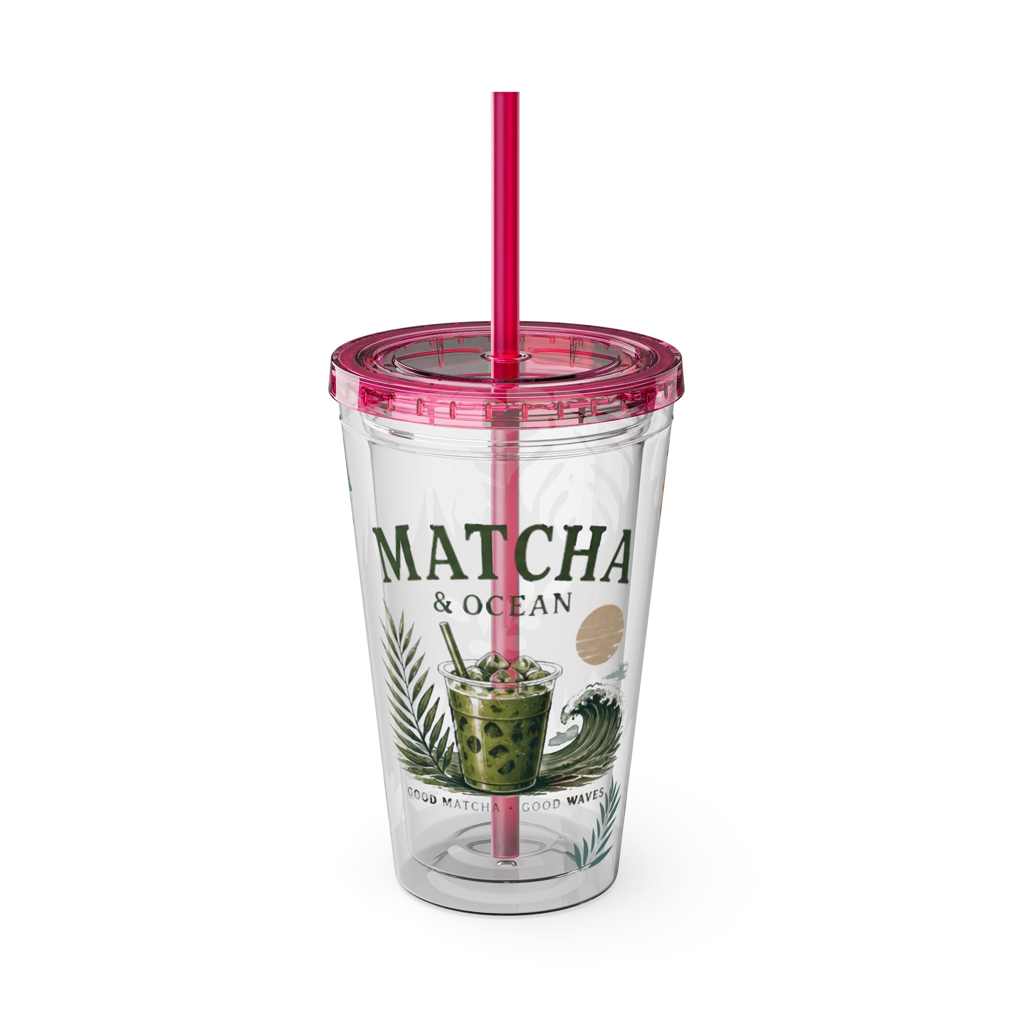 Matcha & Ocean 16oz Tumbler with Straw — Tropical Leaf Sunsplash Design