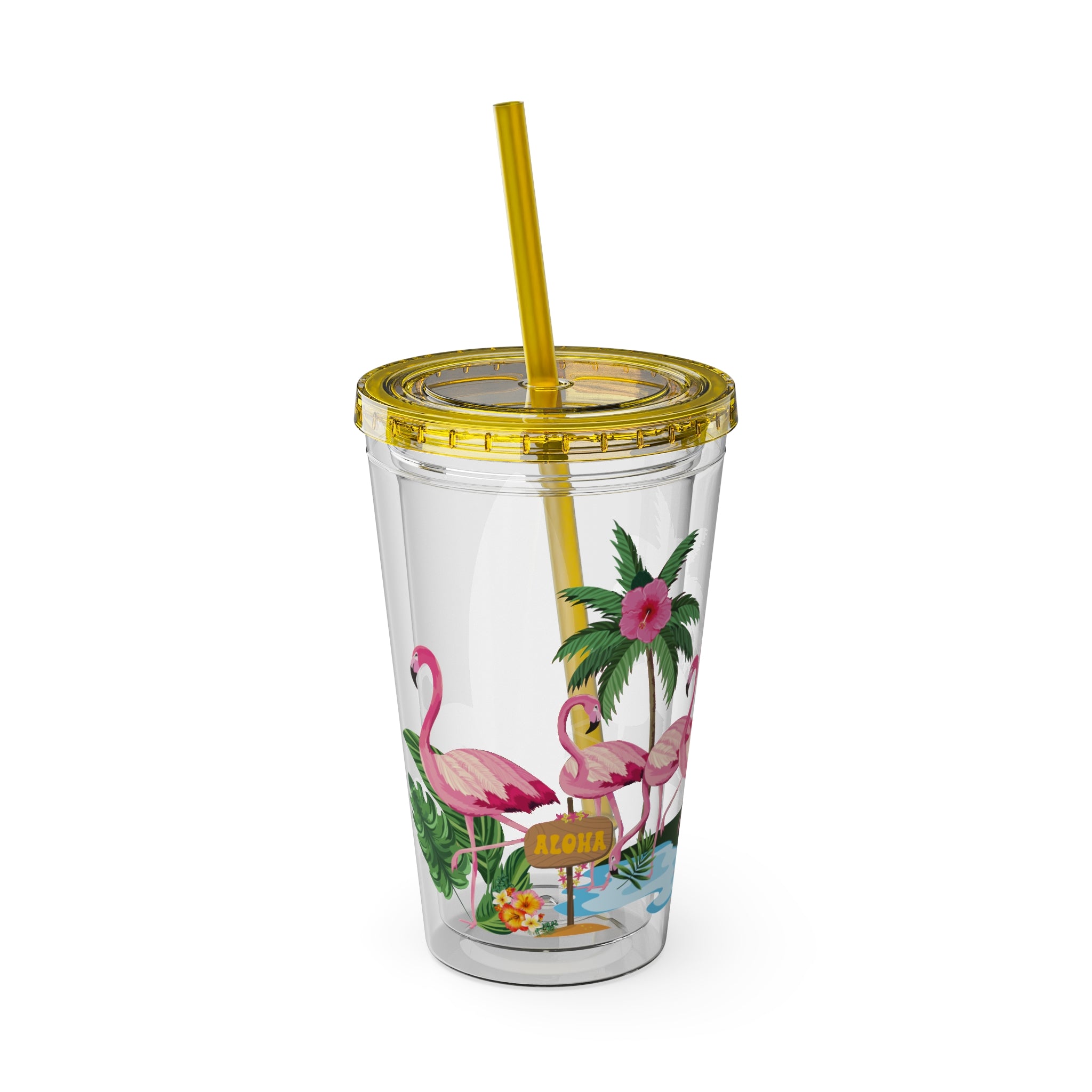 Flamingo Palm Tumbler — 16oz Sunsplash Straw Cup