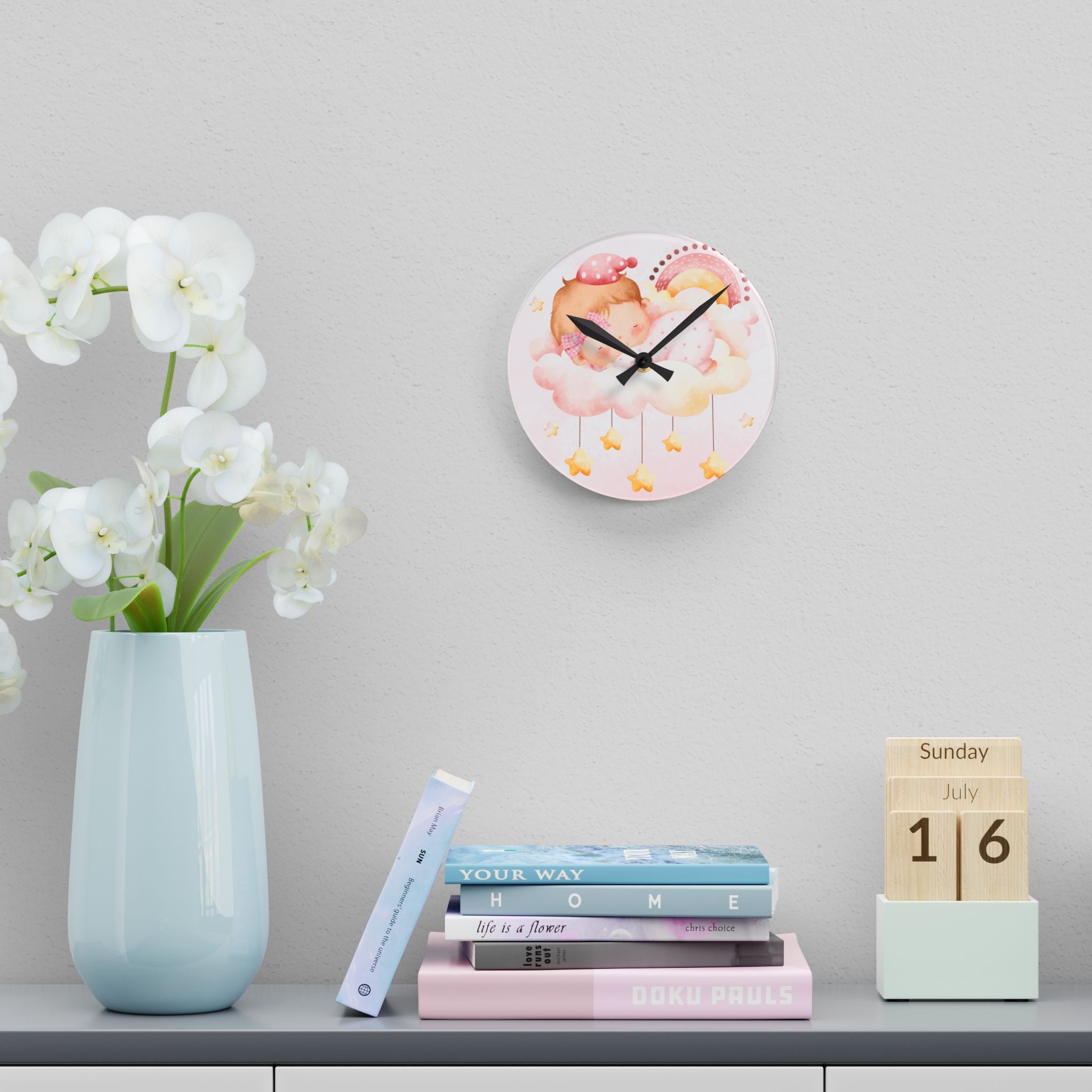 Acrylic Wall Clock - Dreamy Baby Nursery Clock with Sleeping Baby, Clouds & Stars