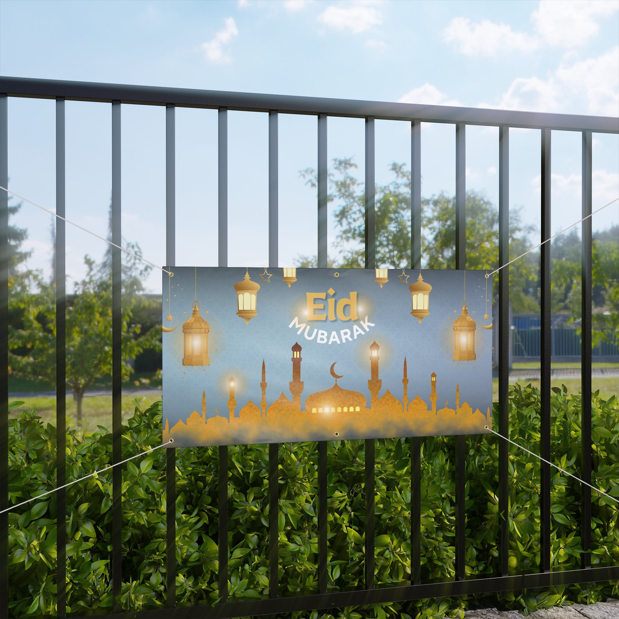 Eid Mubarak Matte Banner – Golden Mosque & Lanterns Decorative Eid Sign