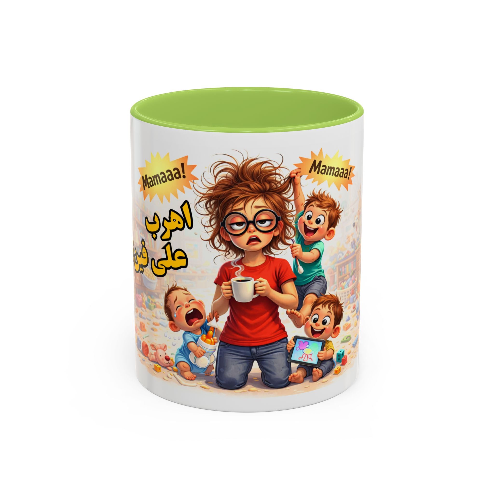 Coffee Mug – Funny Tired Mom Cartoon with Arabic “Mamaaa!” Designاهرب على فين