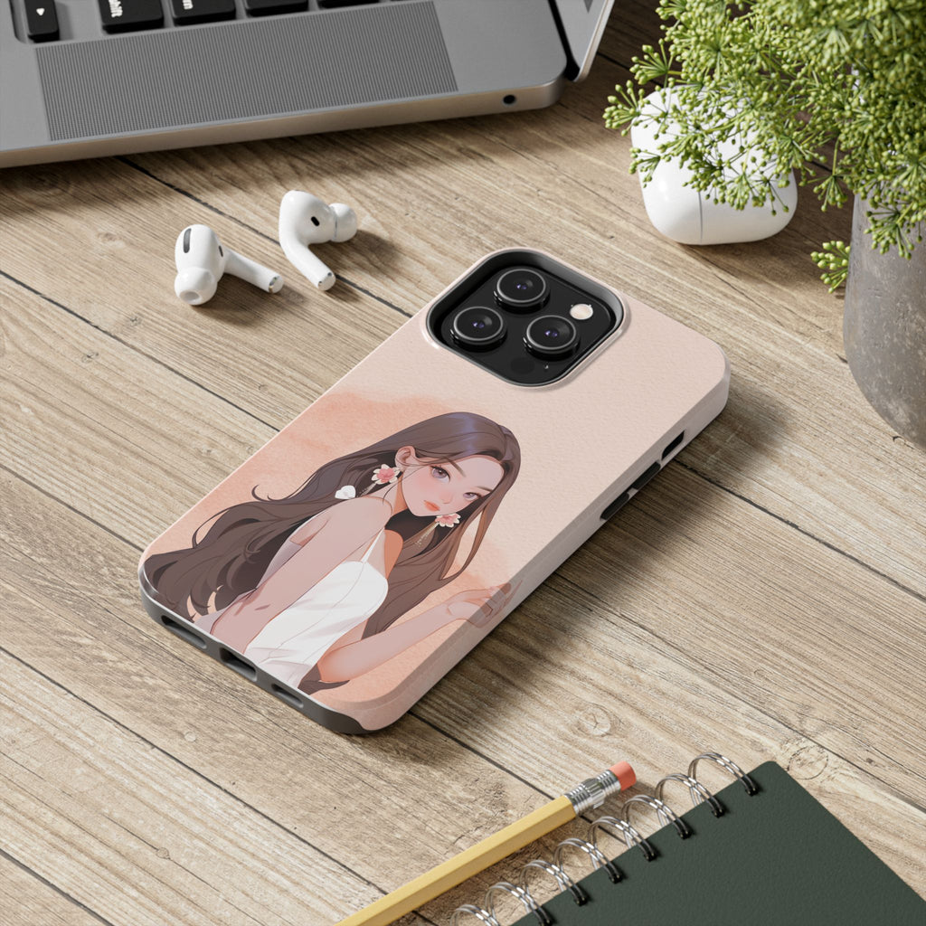 Tough Phone Case — Elegant Anime Girl Illustration, Protective Slim Phone Cover