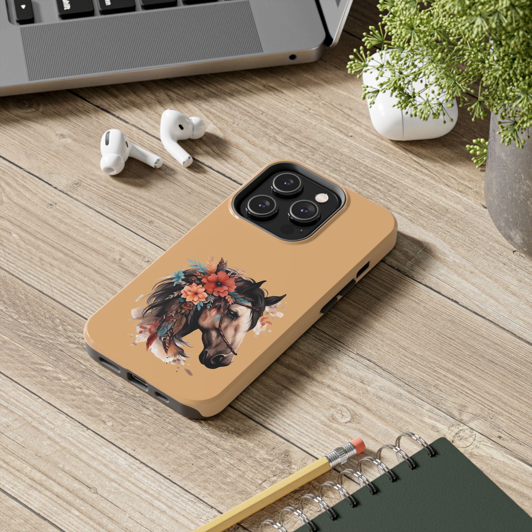 Horse Floral Tough Phone Case — Protective iPhone Cover with Boho Horse Head Design