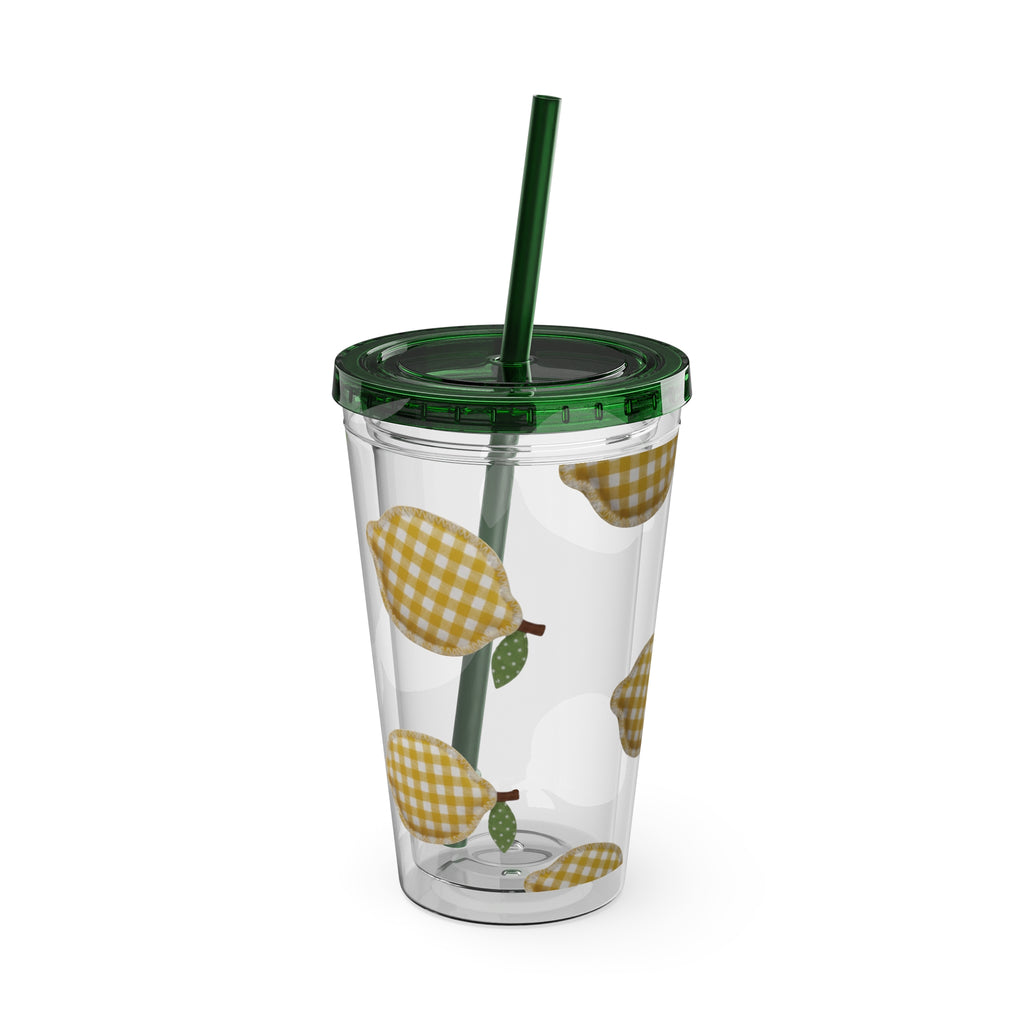 Gingham Pear Sunsplash Tumbler, 16oz Clear Travel Cup with Straw