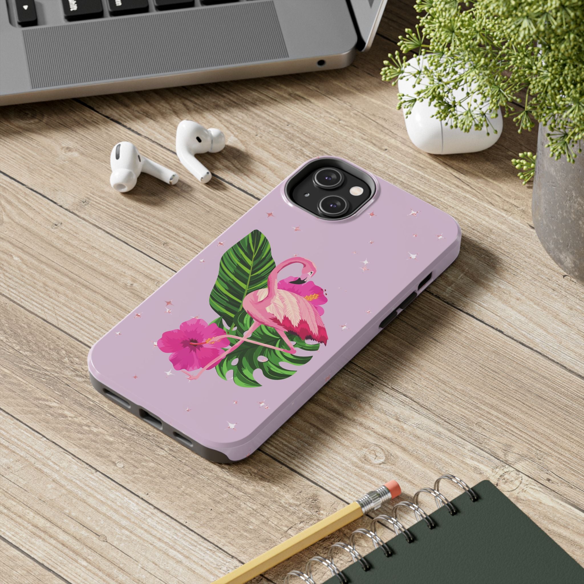 Flamingo Tropical Tough Phone Case — Pink Hibiscus & Palm Leaves