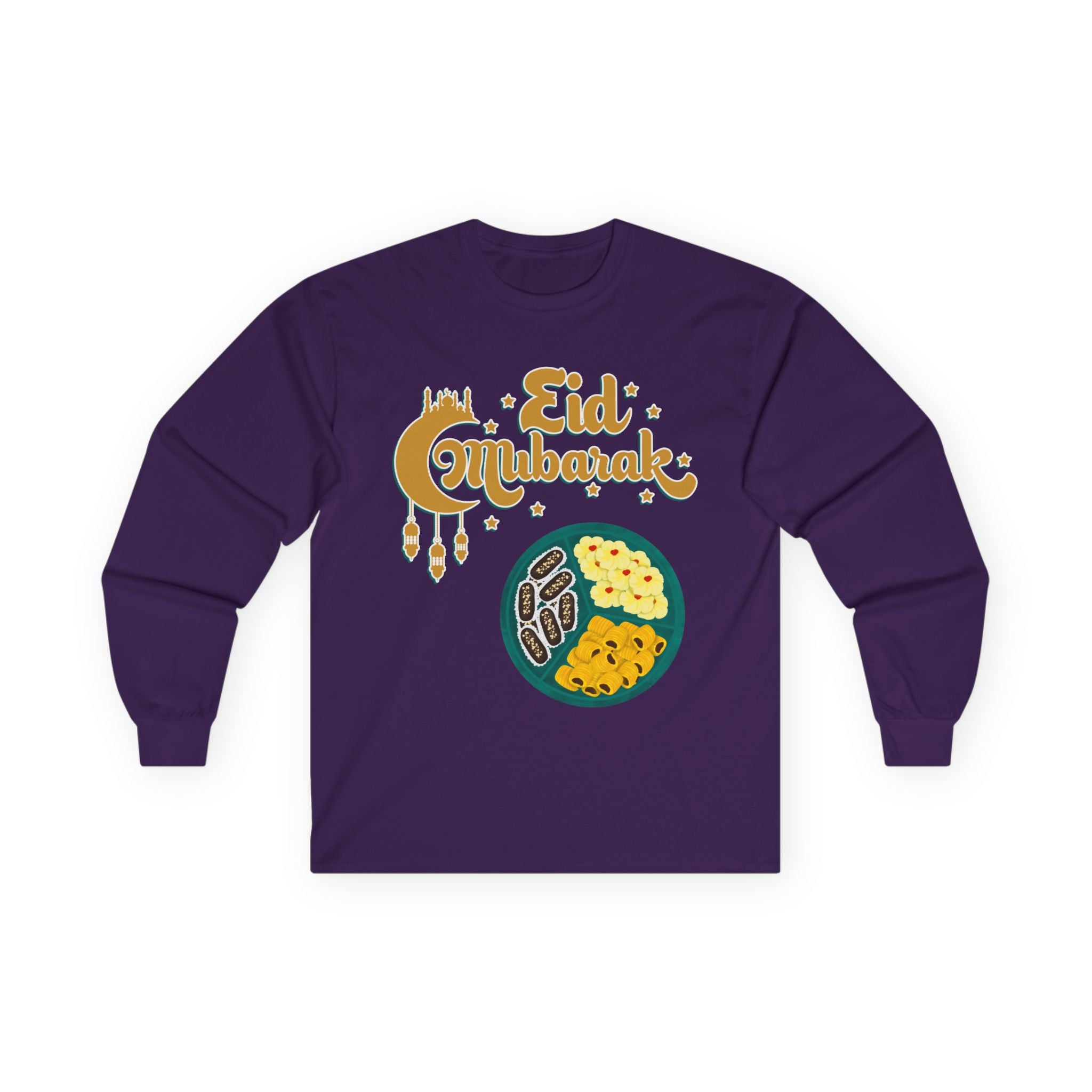 Eid Mubarak Long Sleeve Tee — Festive Ramadan Celebration Shirt with Dates & Sweets Design