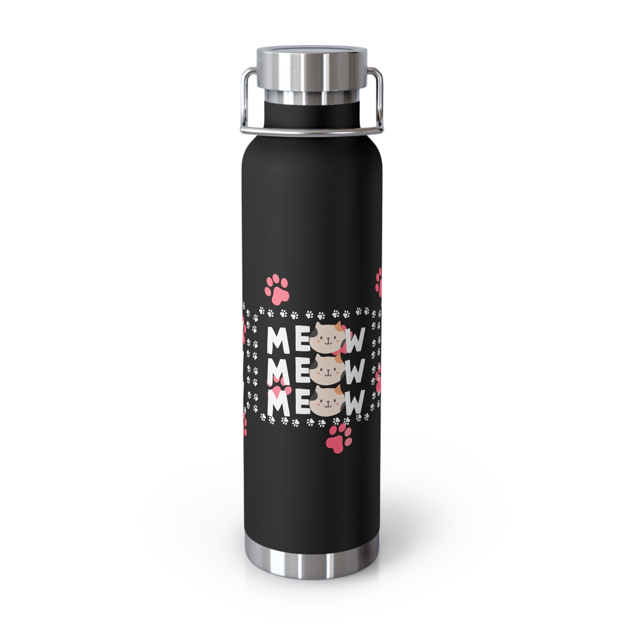 22oz Insulated Bottle — Red 'MEOW' Cute Cat Paw Print Design