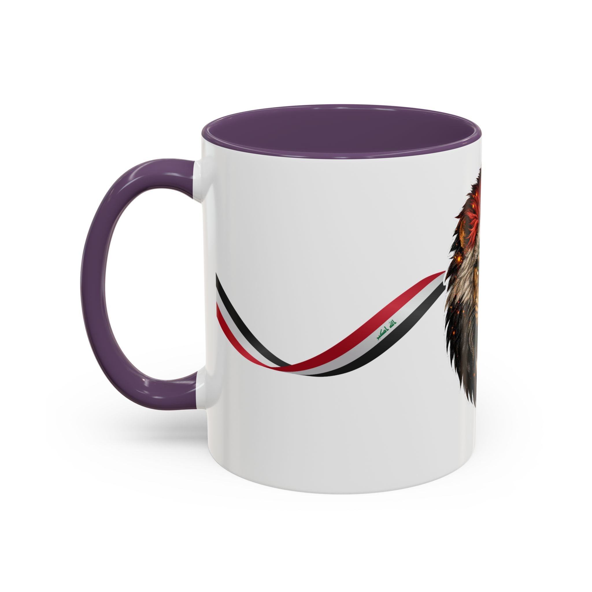 Iraq Lion Head Accent Coffee Mug with Arabic Script and Flag Ribbon – Patriotic Iraq Gift (11/15oz)