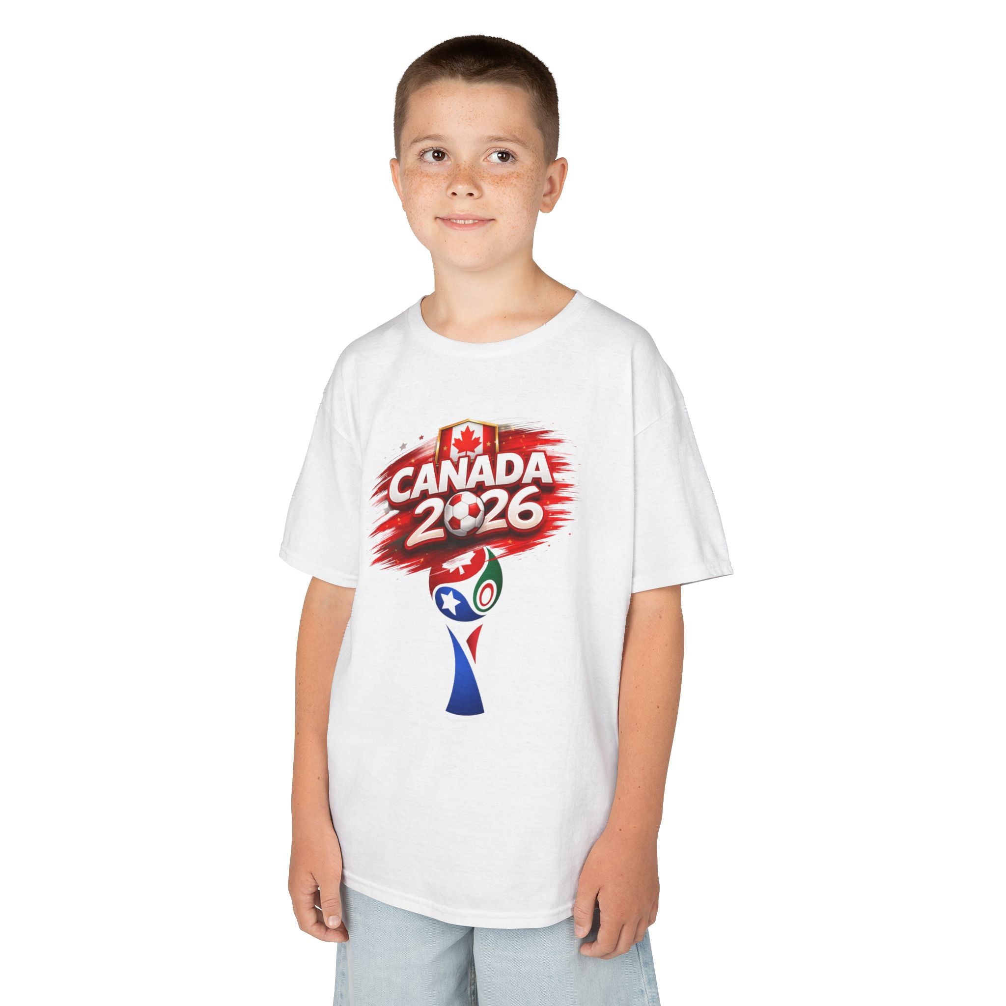 Canada 2026 Kids T‑Shirt — Soccer  Cup Logo with Maple Leaves