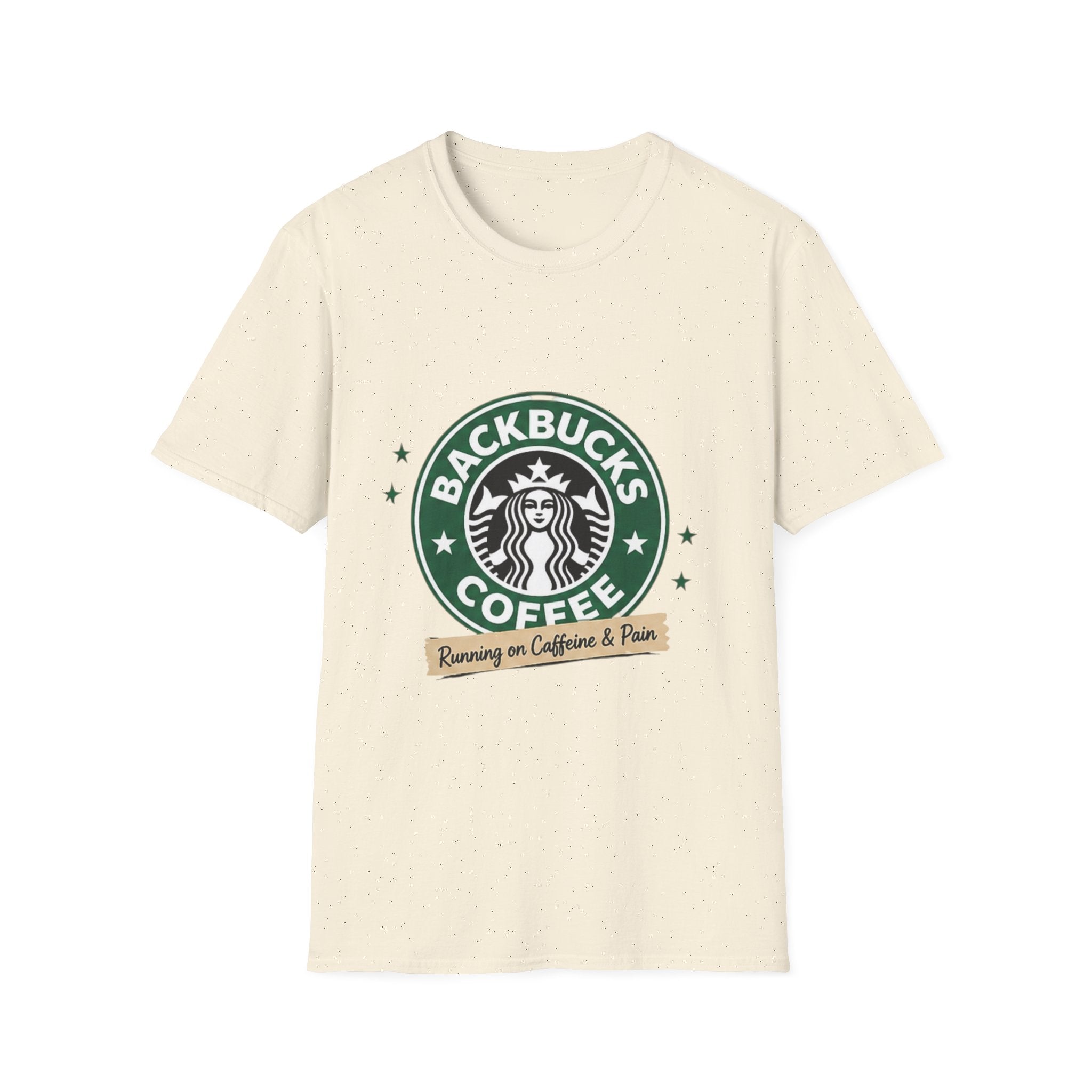 Backbucks Coffee T-Shirt — "Running on Caffeine & Pain" Vintage Logo Tee