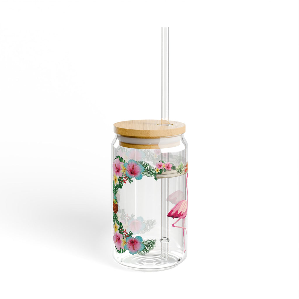 Flamingo Floral Sipper Glass — 16oz Tropical Drink Jar with Straw