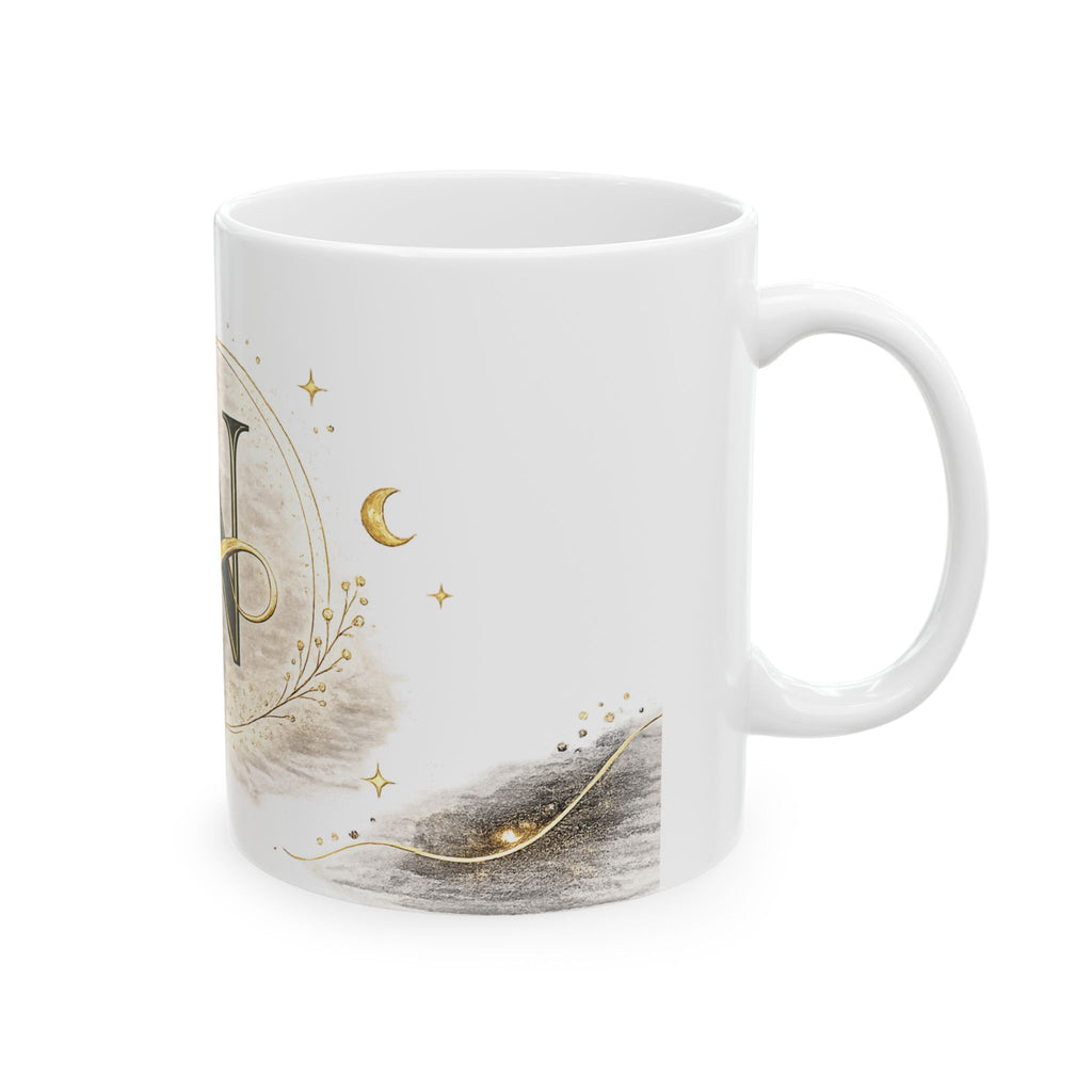 Monogram N Ceramic Mug — Gold Laurel Initial Coffee Cup