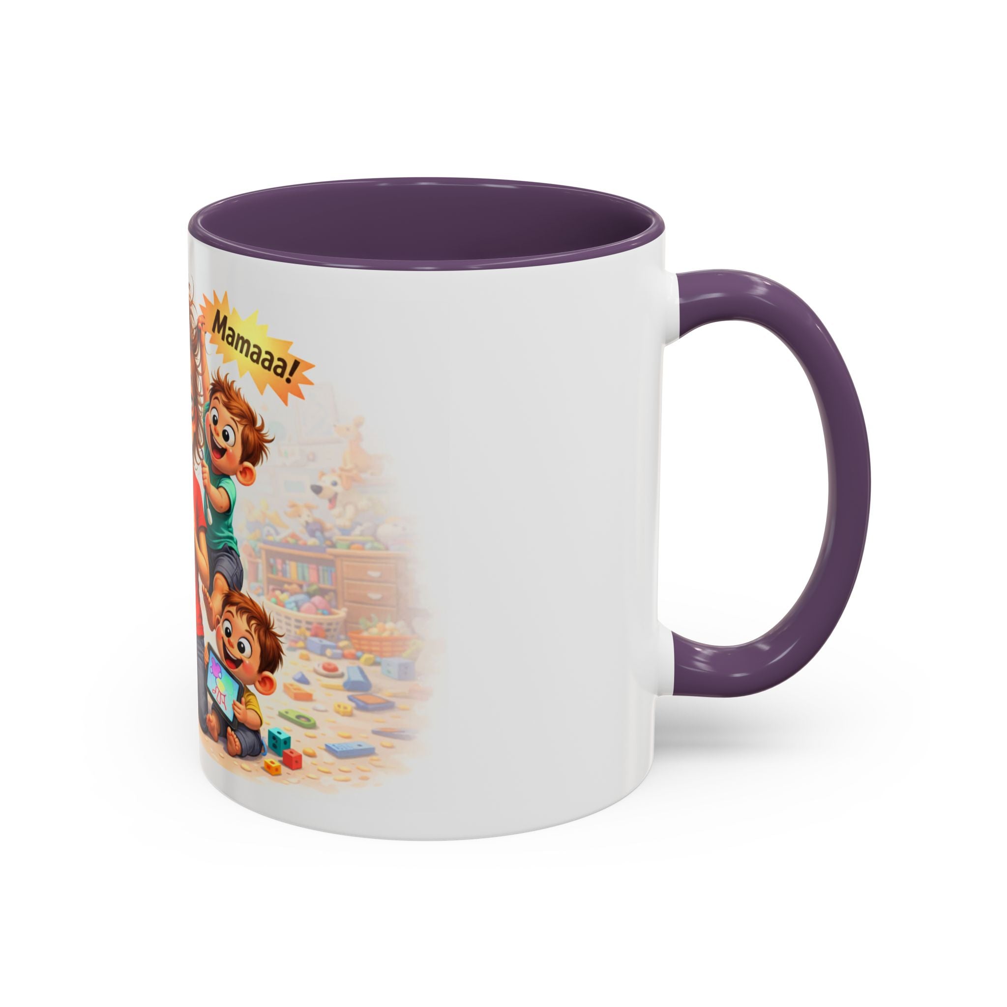 Coffee Mug – Funny Tired Mom Cartoon with Arabic “Mamaaa!” Designاهرب على فين