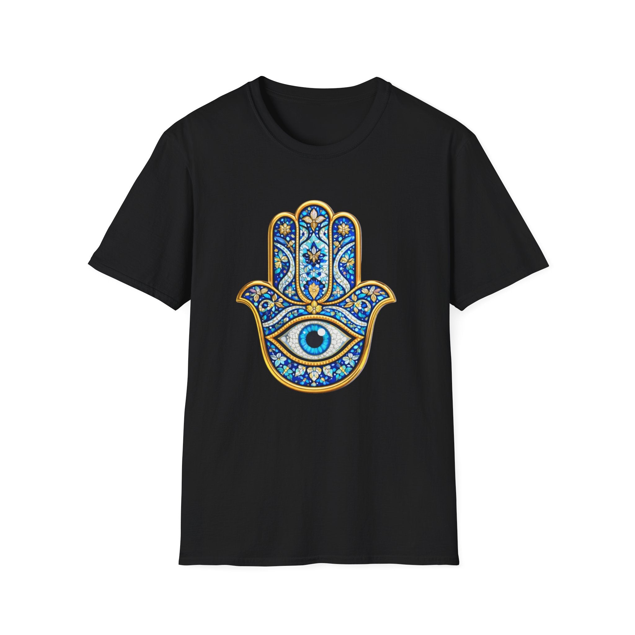 Hamsa Hand T-Shirt with Evil Eye – Blue Mosaic Protection Tee