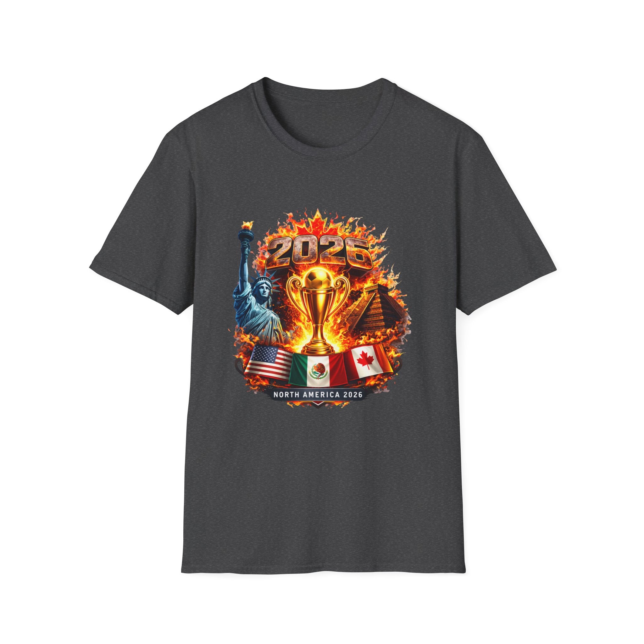 2026 North America Soccer Cup T-Shirt — Trophy, Statue of Liberty & Flags Graphic