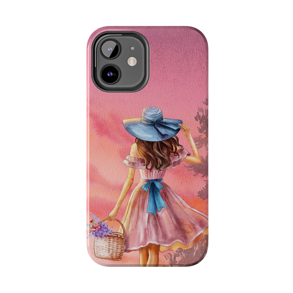 Pastel Picnic Girl Phone Case — Protective Tough Phone Case with Watercolor Sunset Design