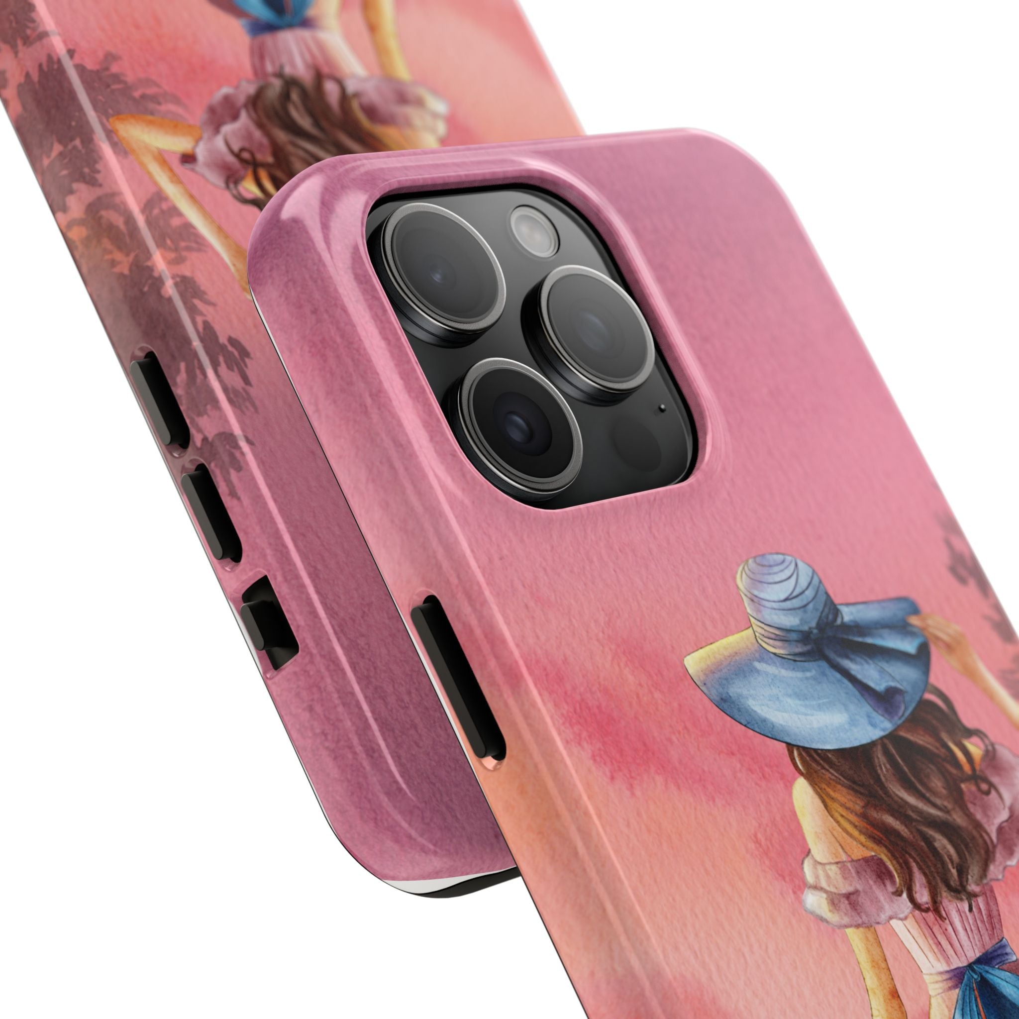 Pastel Picnic Girl Phone Case — Protective Tough Phone Case with Watercolor Sunset Design