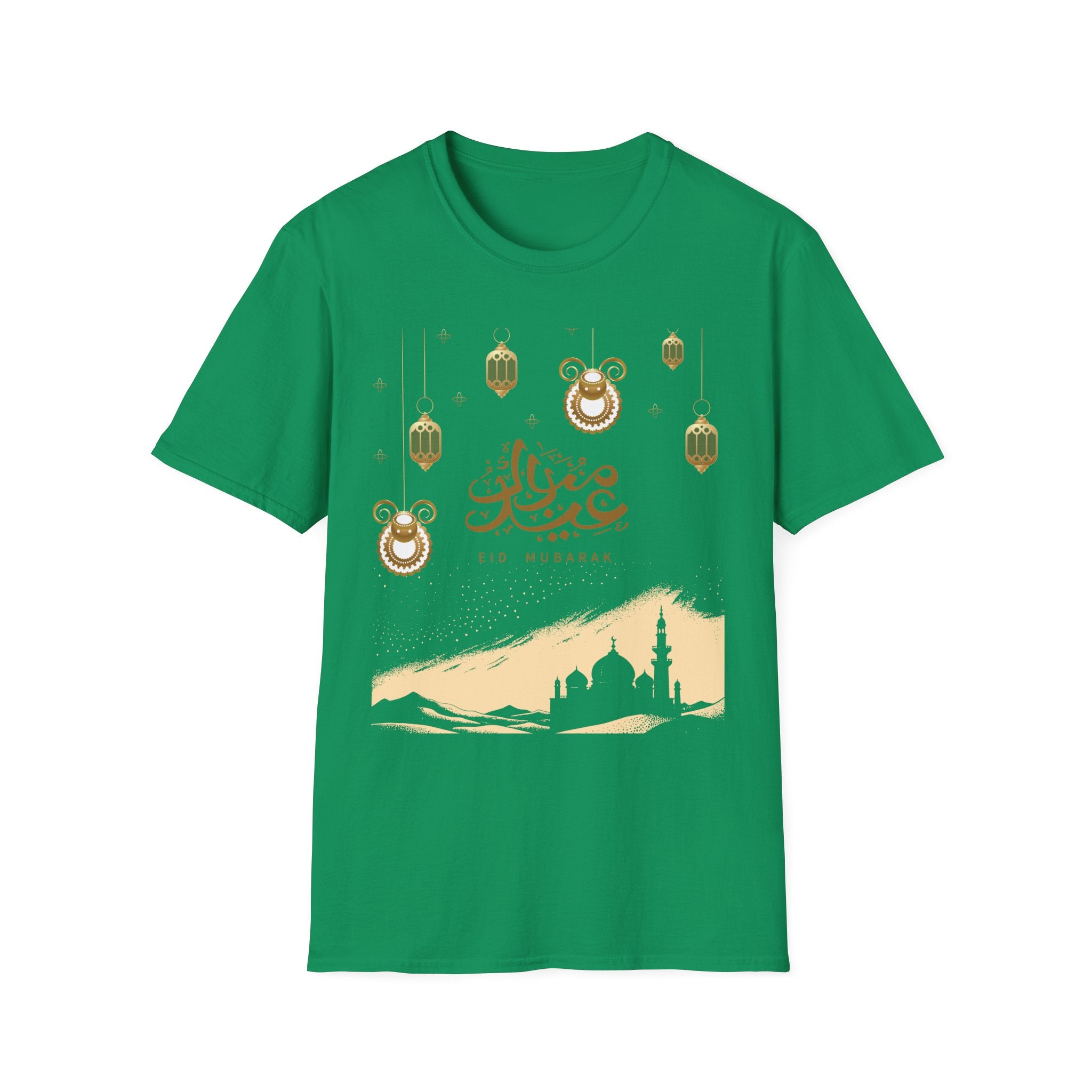Eid Mubarak T-Shirt — Gold Lanterns & Mosque Silhouette