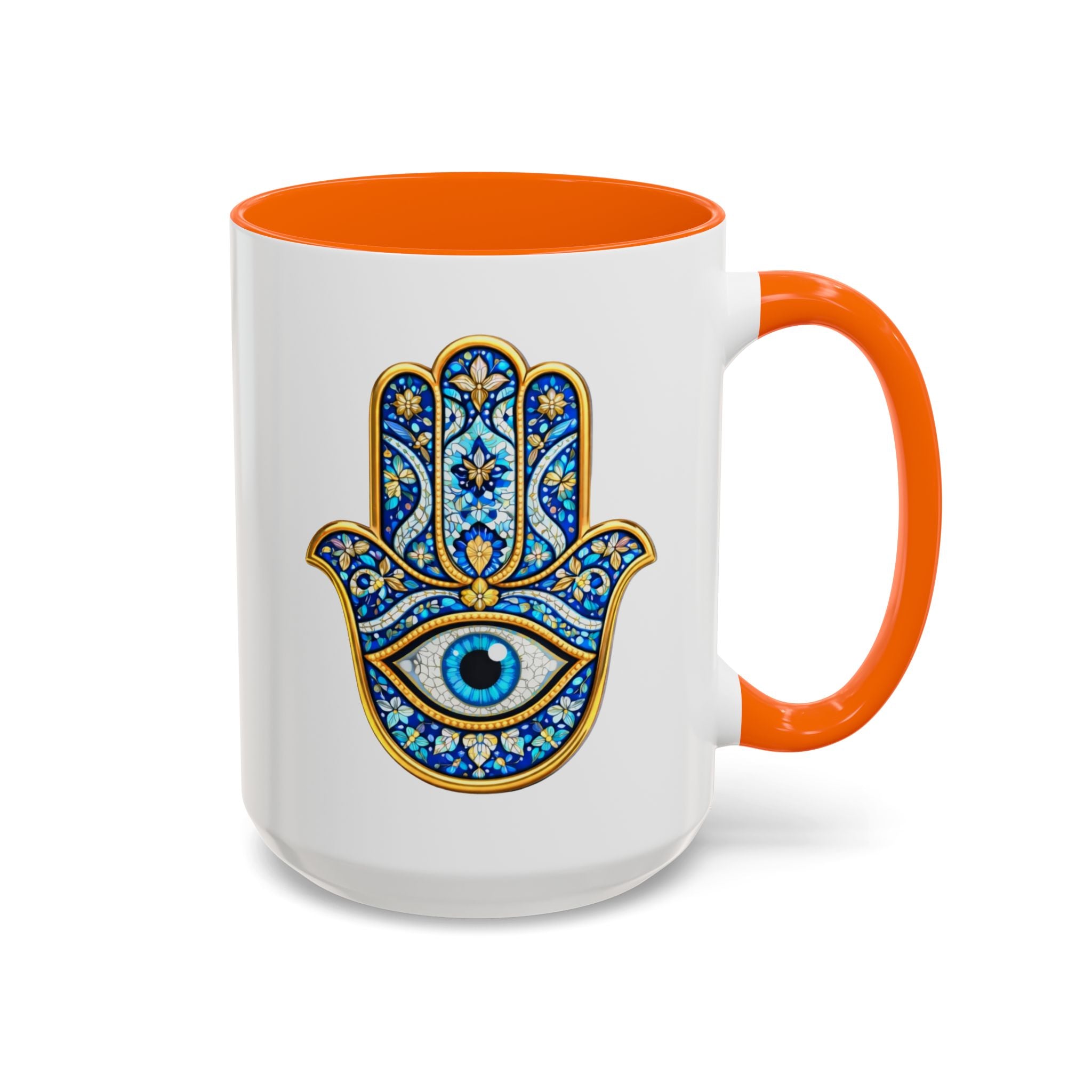 Hamsa Hand Accent Coffee Mug – Blue Protective Evil Eye Ceramic Mug (11/15oz)