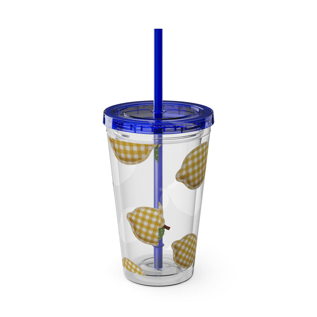 Gingham Pear Sunsplash Tumbler, 16oz Clear Travel Cup with Straw