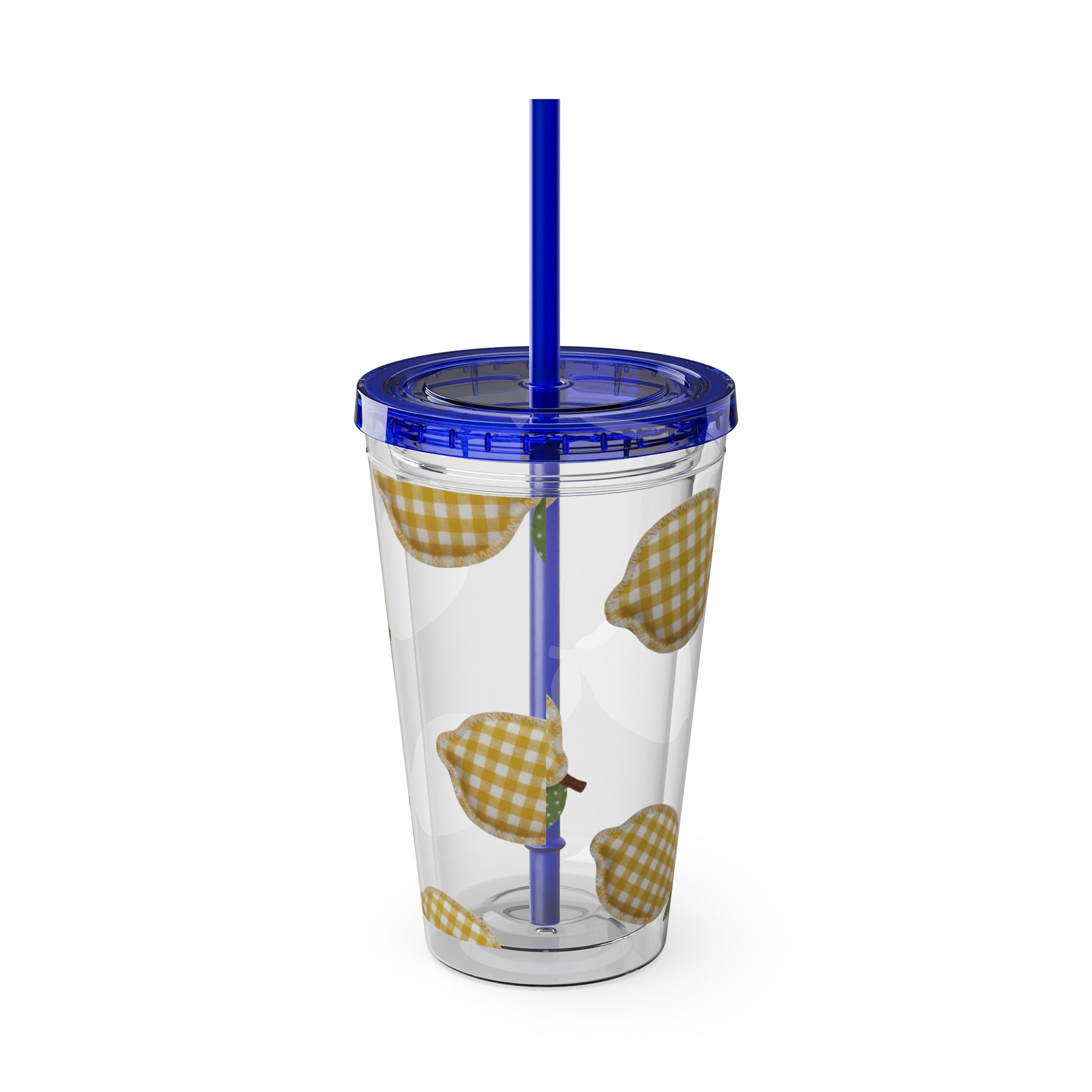 Gingham Pear Sunsplash Tumbler, 16oz Clear Travel Cup with Straw