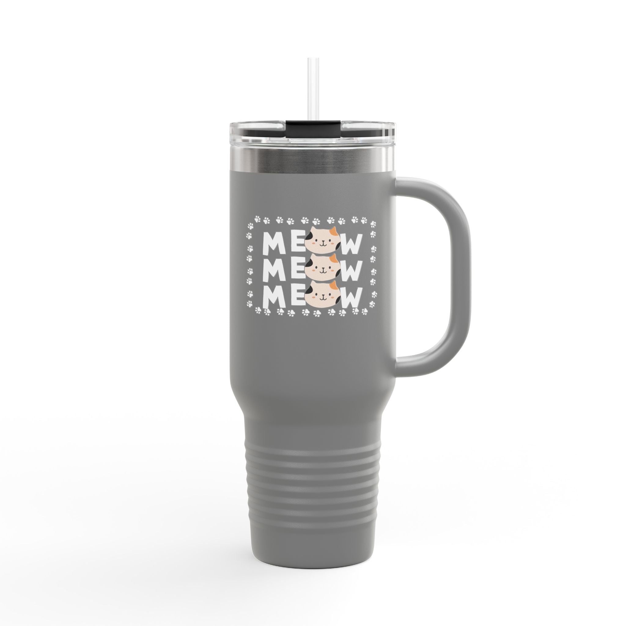 40oz Insulated Travel Mug — Red "MEOW MEOW" Cute Cat Paw Design
