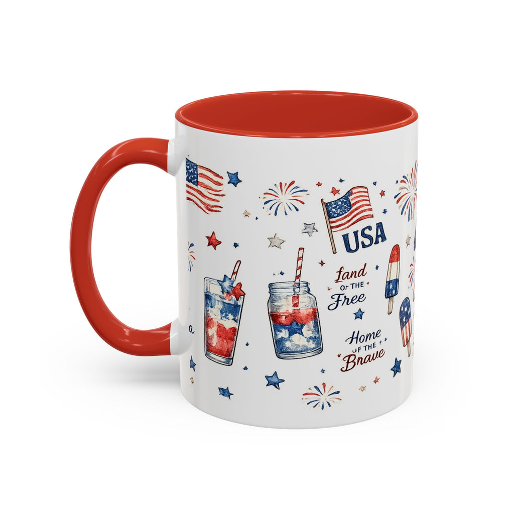 4th of July Accent Coffee Mug — Patriotic Fireworks & God Bless America Design (11oz)