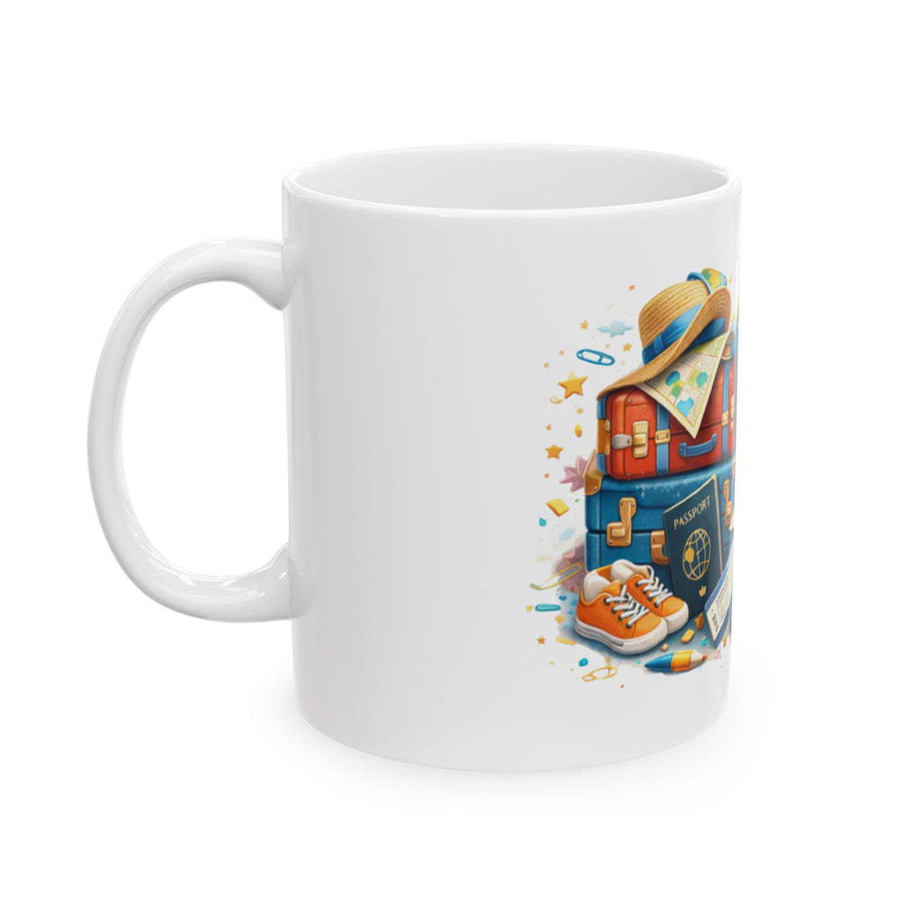 Travel Adventure Mug — Vintage Globe, Camera & Suitcase Ceramic Coffee Cup