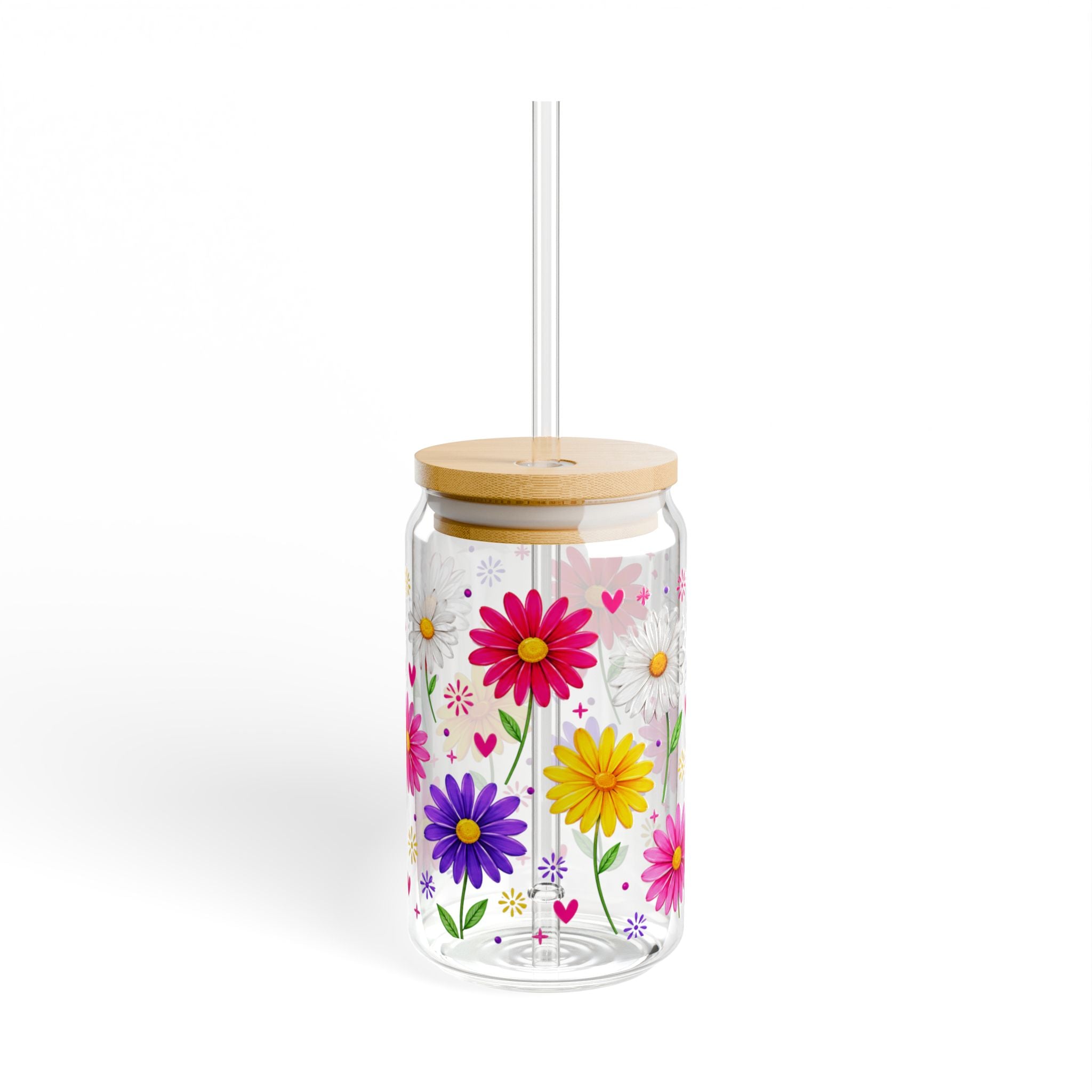 16oz Floral Sipper Glass with Bamboo Lid & Straw — Colorful Daisy Drink Tumbler