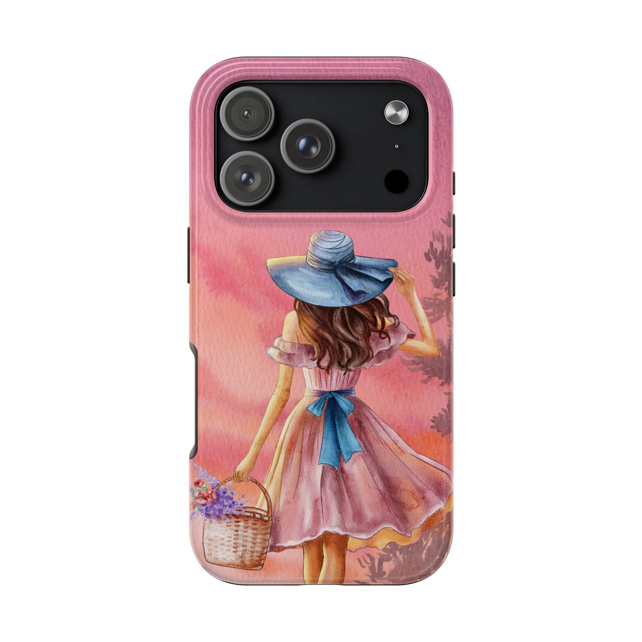 Pastel Picnic Girl Phone Case — Protective Tough Phone Case with Watercolor Sunset Design