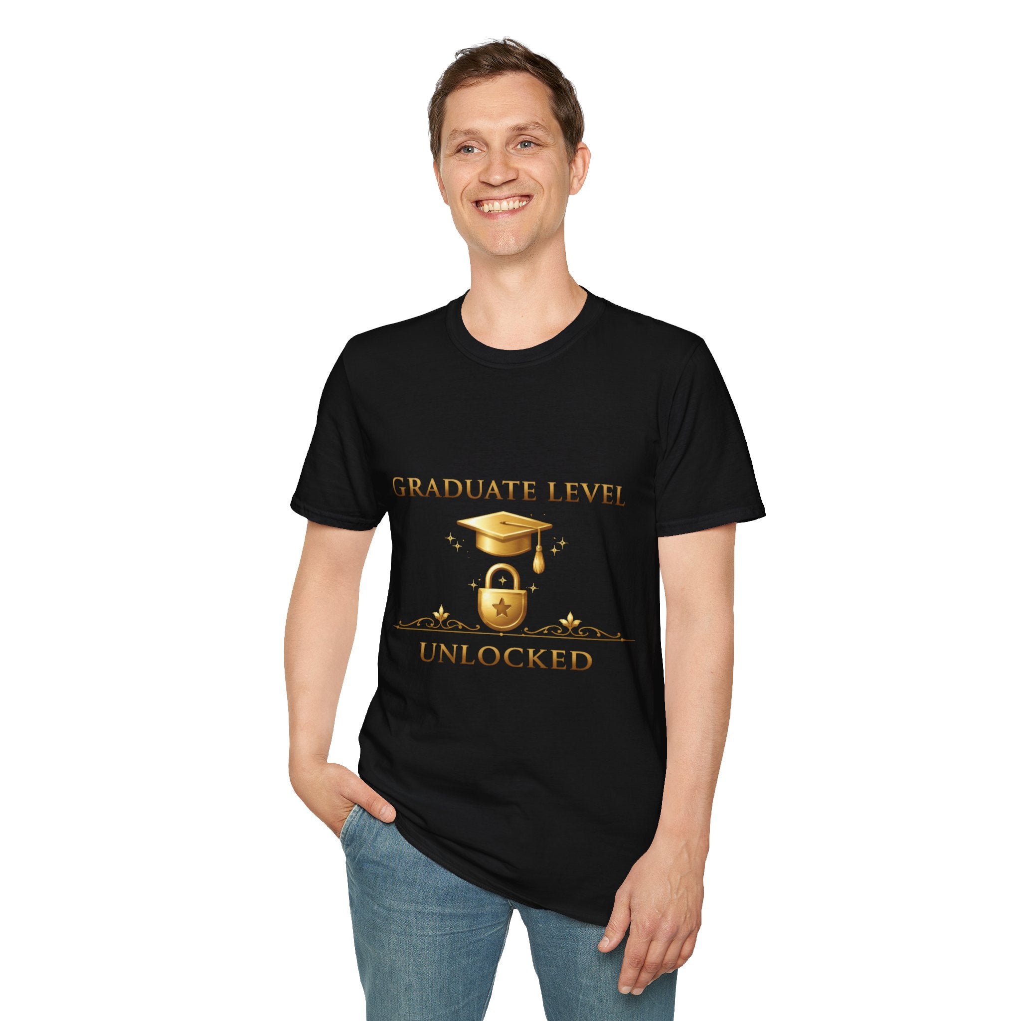 Graduate Level Unlocked T-Shirt — Graduation Cap & Lock Celebration Tee
