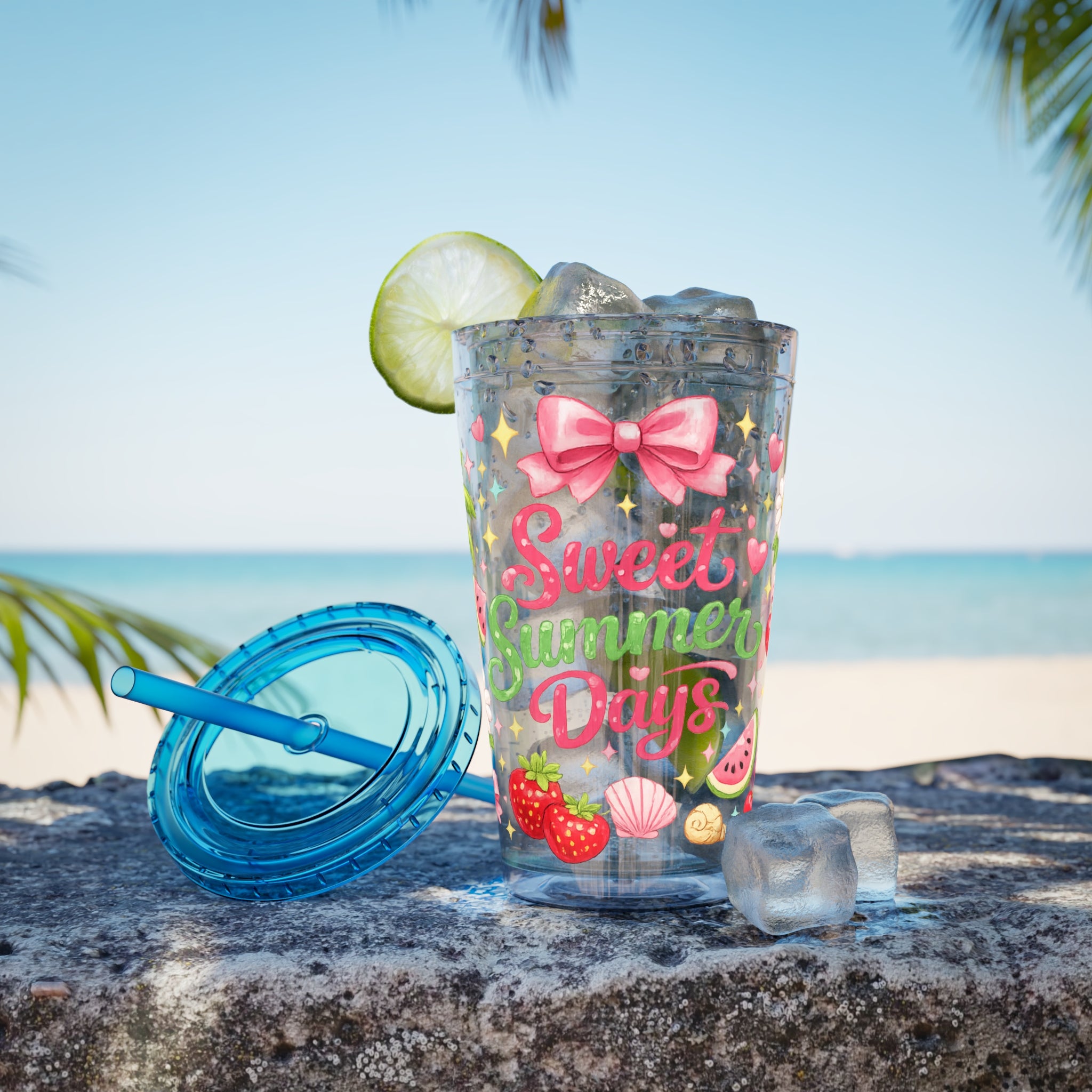 Sweet Summer Days Tumbler — 16oz Clear Straw Cup with Tropical Fruits & Bow Design