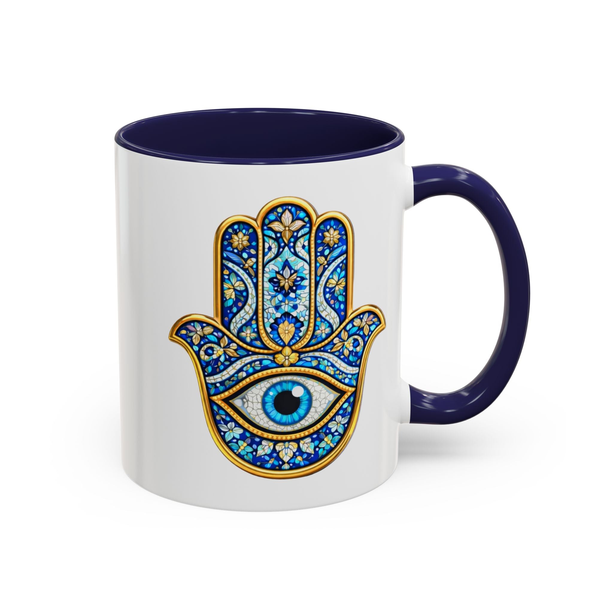 Hamsa Hand Accent Coffee Mug – Blue Protective Evil Eye Ceramic Mug (11/15oz)
