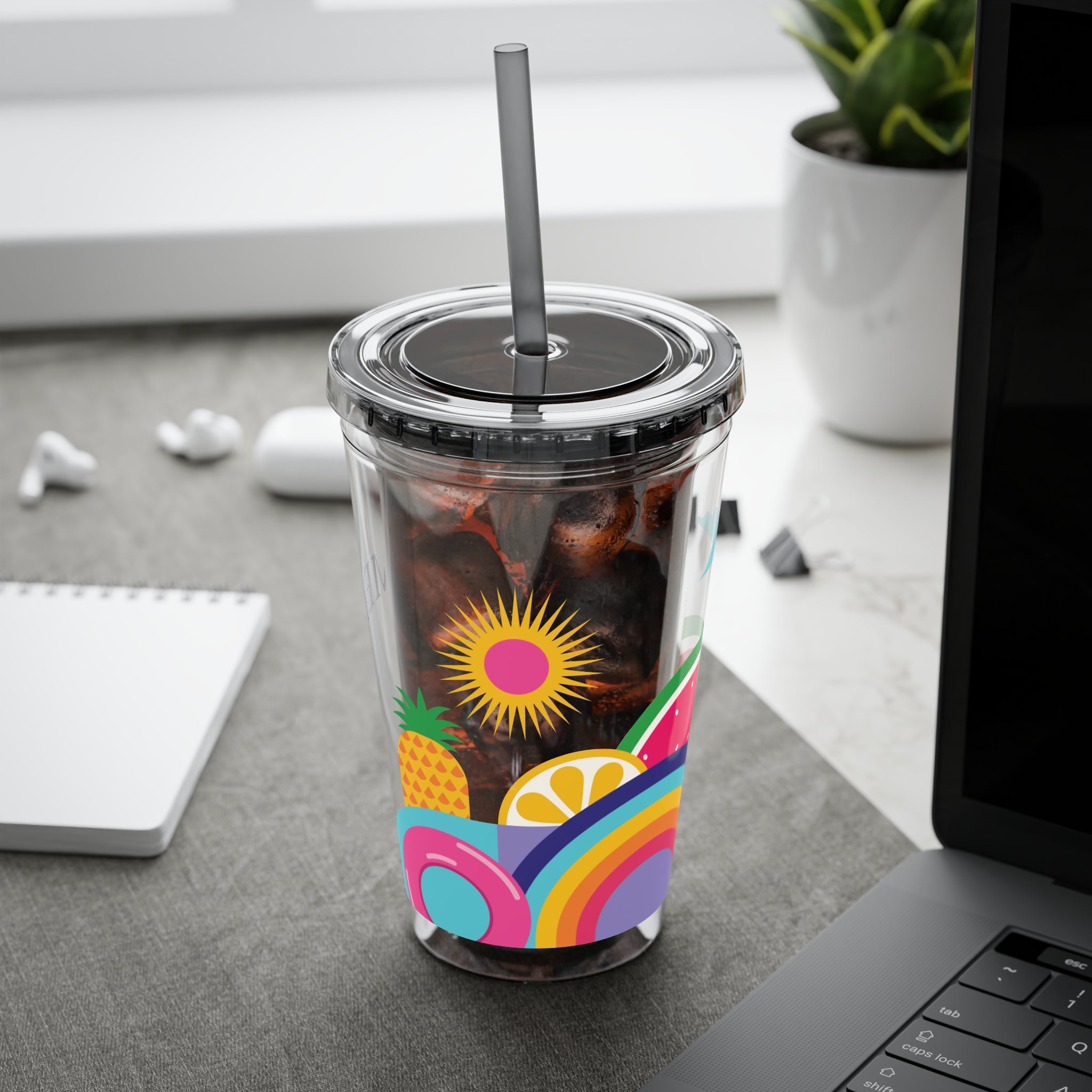16oz Sunsplash Tumbler with Straw — "Hello Summer" Colorful Beach Vibes