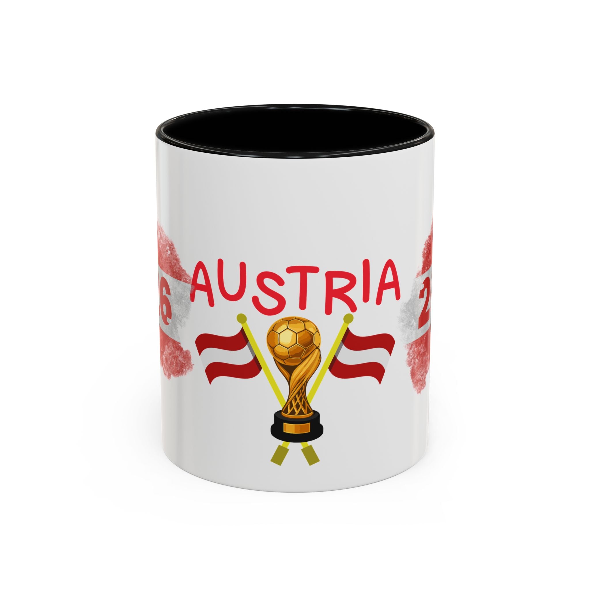 Austria 2026 Soccer Cup Accent Coffee Mug — Red Flag & Trophy Design (11/15oz)