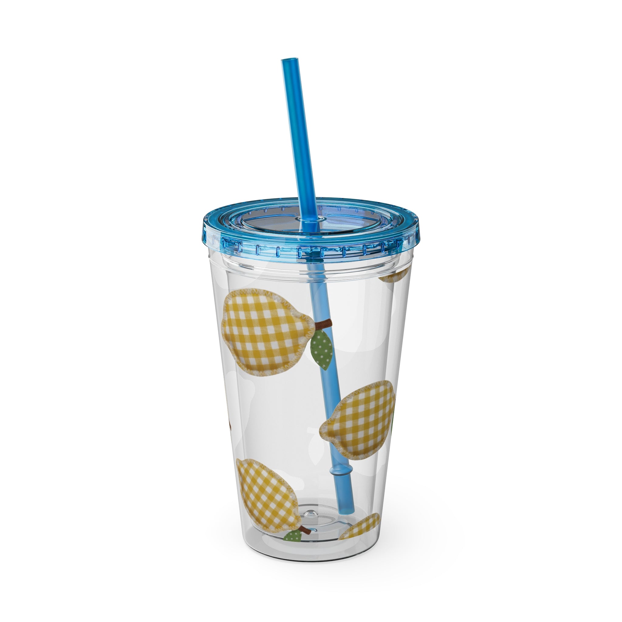 Gingham Pear Sunsplash Tumbler, 16oz Clear Travel Cup with Straw