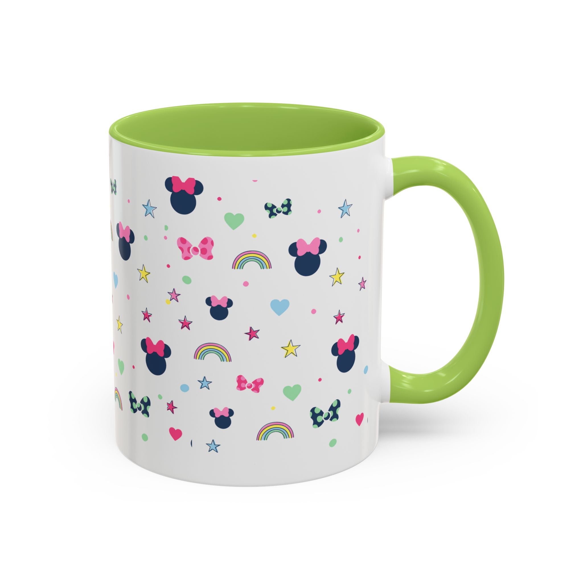 Minnie Dots Accent Coffee Mug — Cute Rainbow & Bow Pattern (11oz)