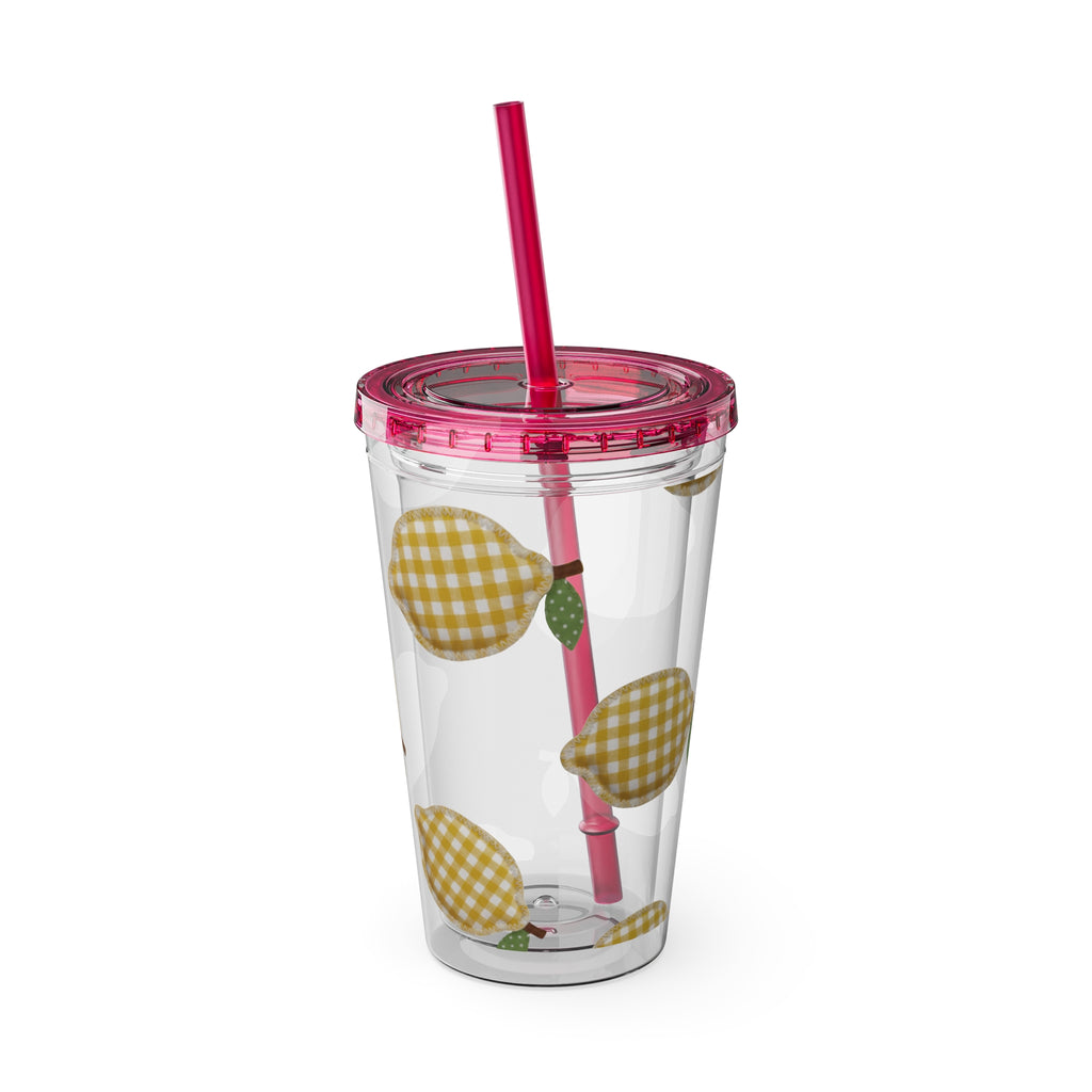 Gingham Pear Sunsplash Tumbler, 16oz Clear Travel Cup with Straw