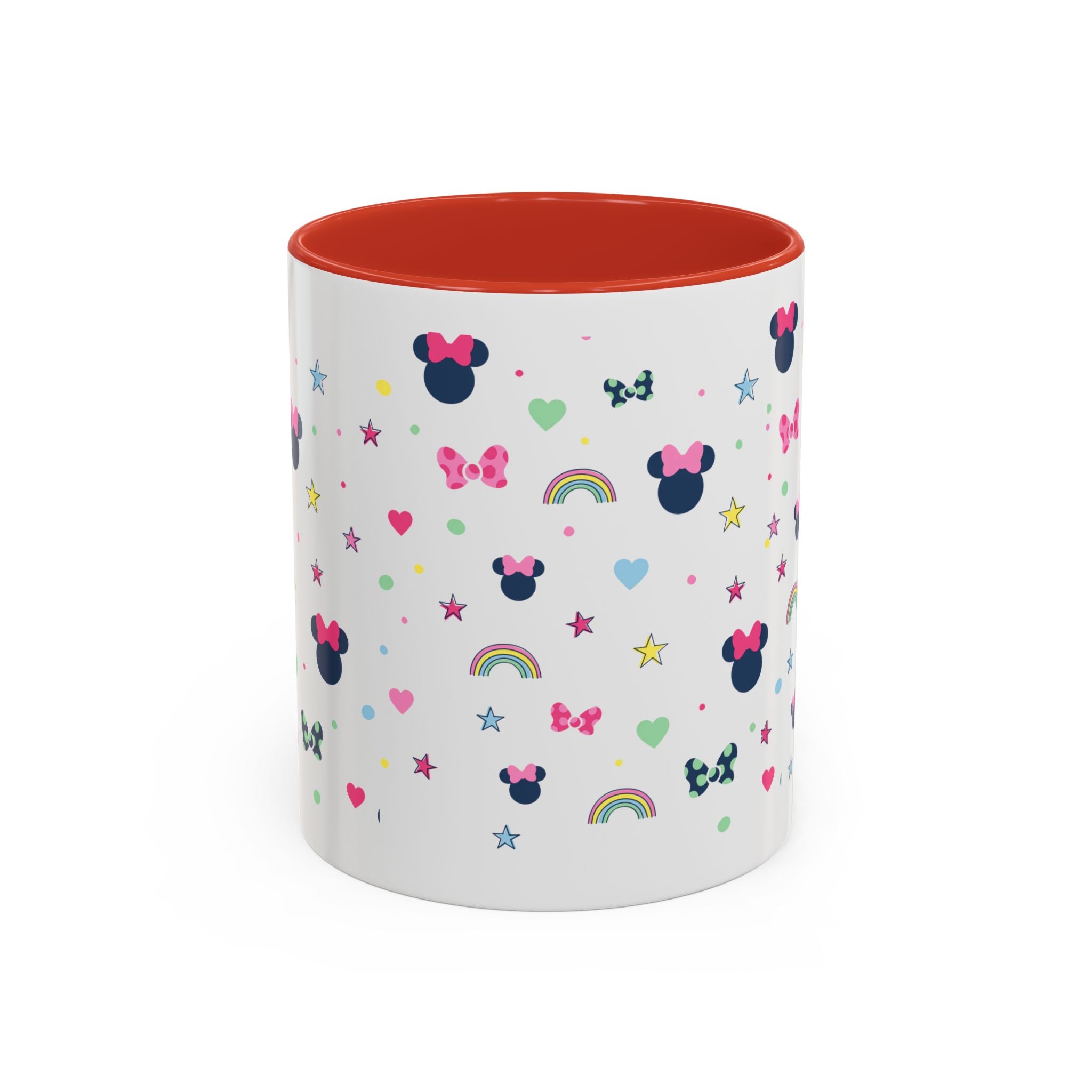 Minnie Dots Accent Coffee Mug — Cute Rainbow & Bow Pattern (11oz)